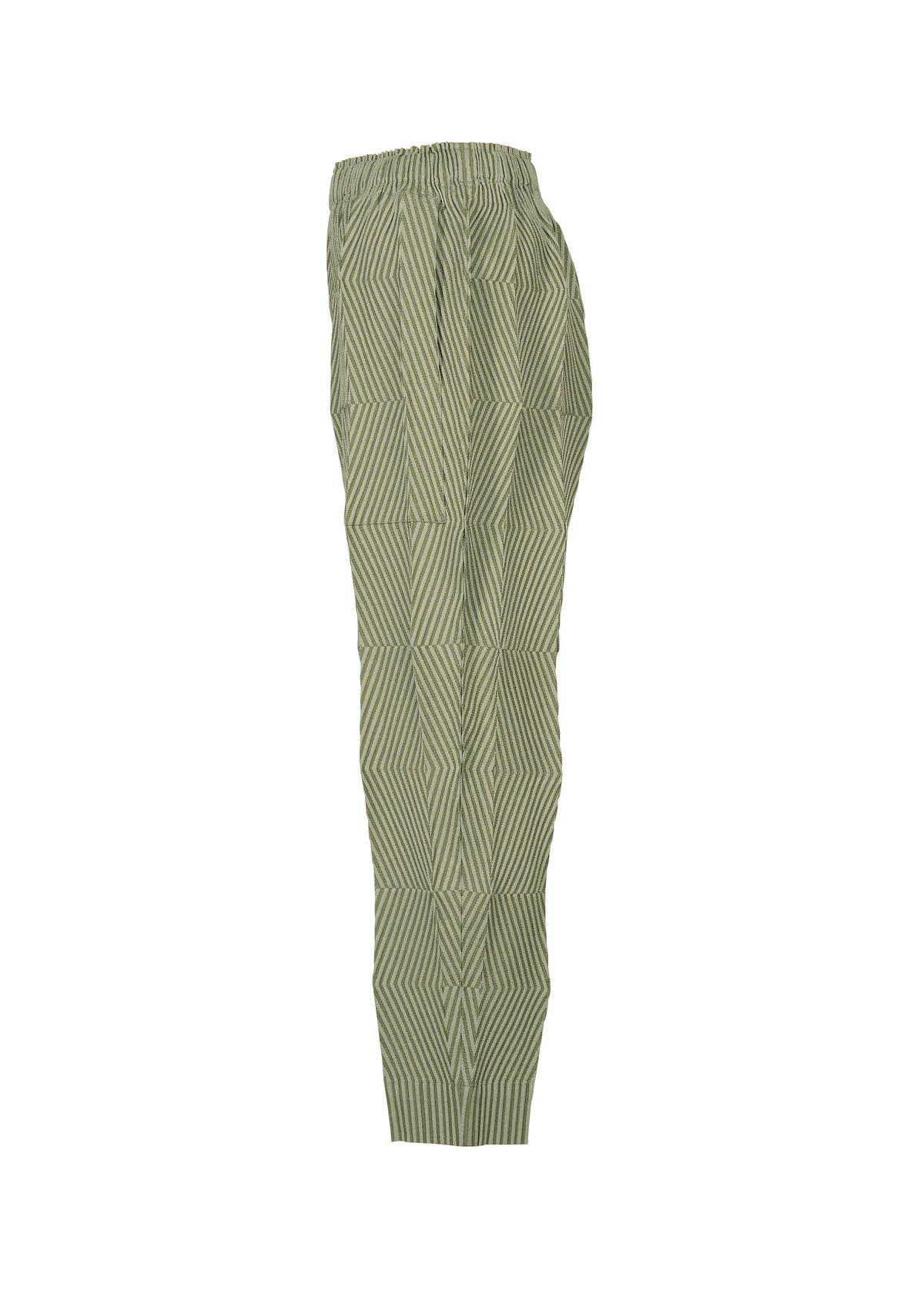 TYPE-W 009-2 relaxed fit pants by A-POC ABLE ISSEY MIYAKE, featuring green and white vertical stripes, an elastic waistband, and crafted from stretchy polyester, displayed in a side view against a plain white background. view 5 of 9
