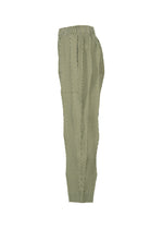 TYPE-W 009-2 relaxed fit pants by A-POC ABLE ISSEY MIYAKE, featuring green and white vertical stripes, an elastic waistband, and crafted from stretchy polyester, displayed in a side view against a plain white background.