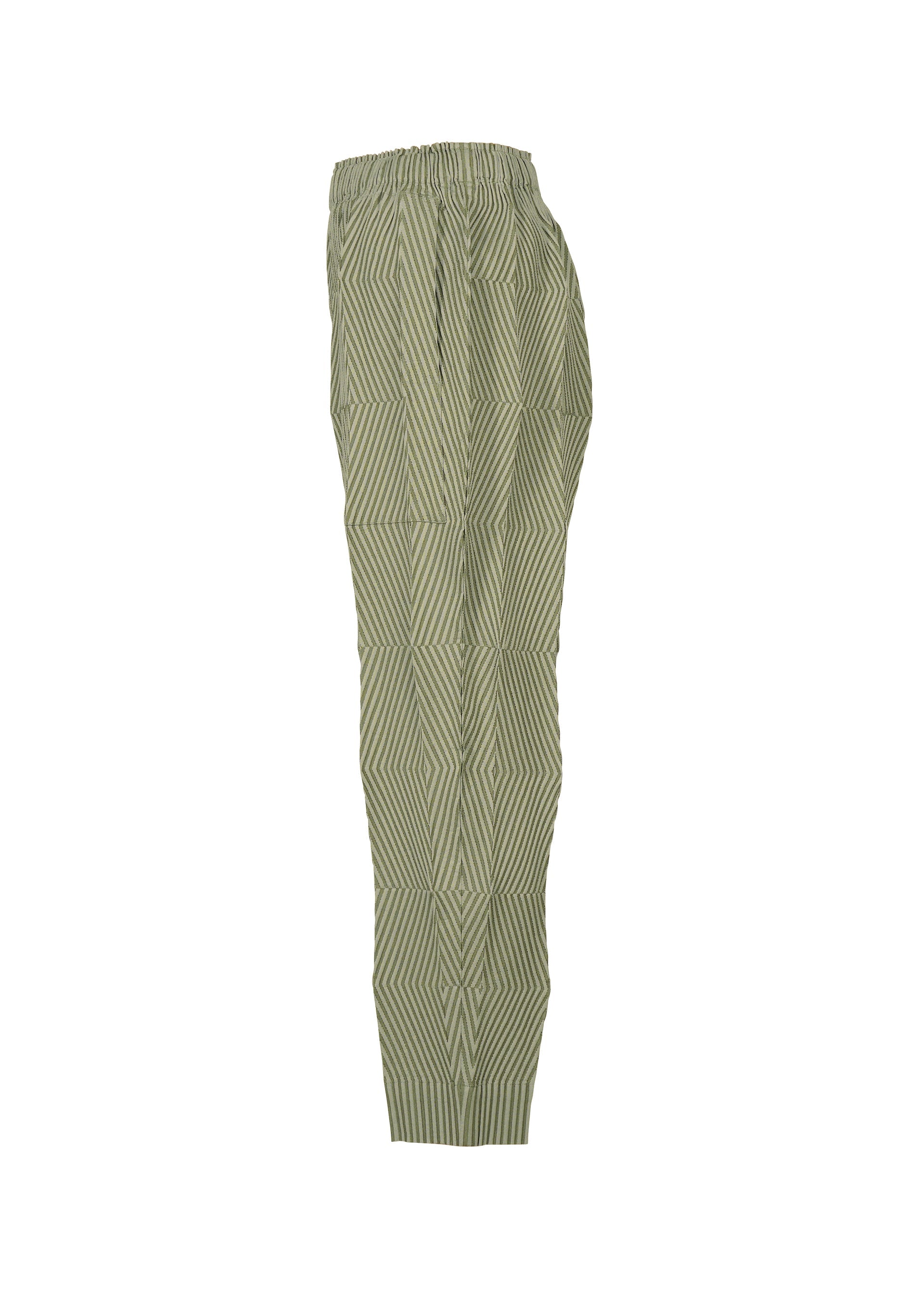 Zoomed view TYPE-W 009-2 relaxed fit pants by A-POC ABLE ISSEY MIYAKE, featuring green and white vertical stripes, an elastic waistband, and crafted from stretchy polyester, displayed in a side view against a plain white background.