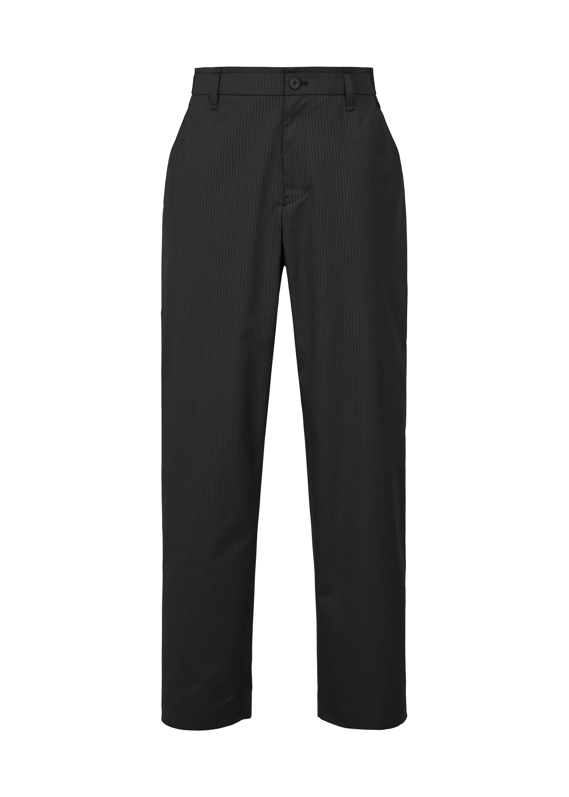 Zoomed view The TYPE-S 003 by A-POC ABLE ISSEY MIYAKE are black, straight-leg lightweight stretchy pants with button and zip closure, belt loops, and side pockets, shown against a white background. - BLACK （no.15）