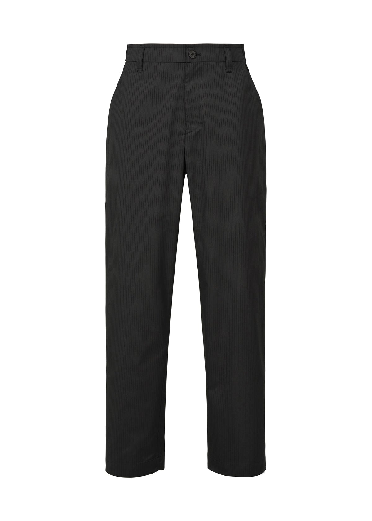 The TYPE-S 003 by A-POC ABLE ISSEY MIYAKE are black pinstripe dress pants with a button and zipper closure, belt loops, and side pockets, made from lightweight stretch fabric and shown against a white background. view 1 of 5
