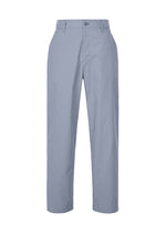 The TYPE-S 003 trousers by A-POC ABLE ISSEY MIYAKE feature a light blue hue with thin white pinstripes, straight legs, front button and zipper closure, belt loops, and are made from lightweight stretch fabric. Displayed against a white background. - STEEL BLUE （no.70）