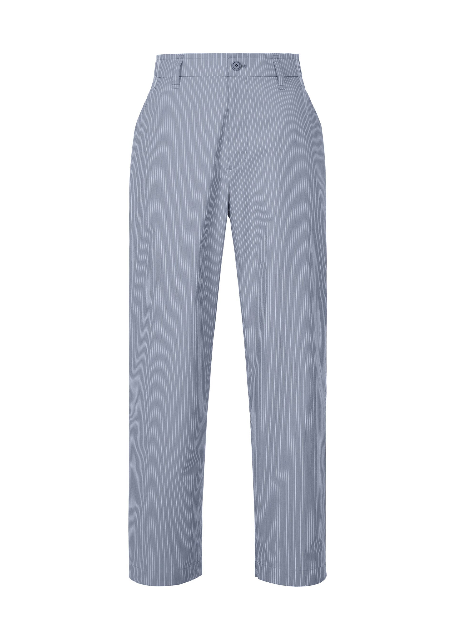 Zoomed view The TYPE-S 003 trousers by A-POC ABLE ISSEY MIYAKE feature a light blue hue with thin white pinstripes, straight legs, front button and zipper closure, belt loops, and are made from lightweight stretch fabric. Displayed against a white background. - STEEL BLUE （no.70）