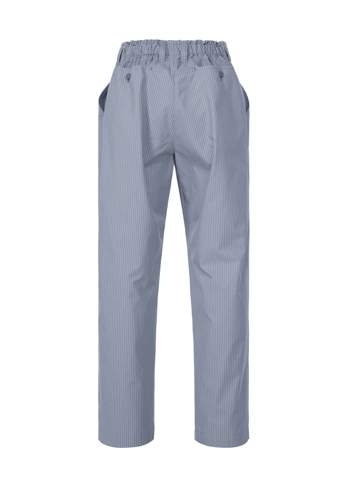 The TYPE-S 003 pants by A-POC ABLE ISSEY MIYAKE feature light blue and white vertical stripes, a relaxed fit, accordion pleats, an elastic waistband, two front pockets, and lightweight stretch fabric, shown on a plain white background. view 3 of 6