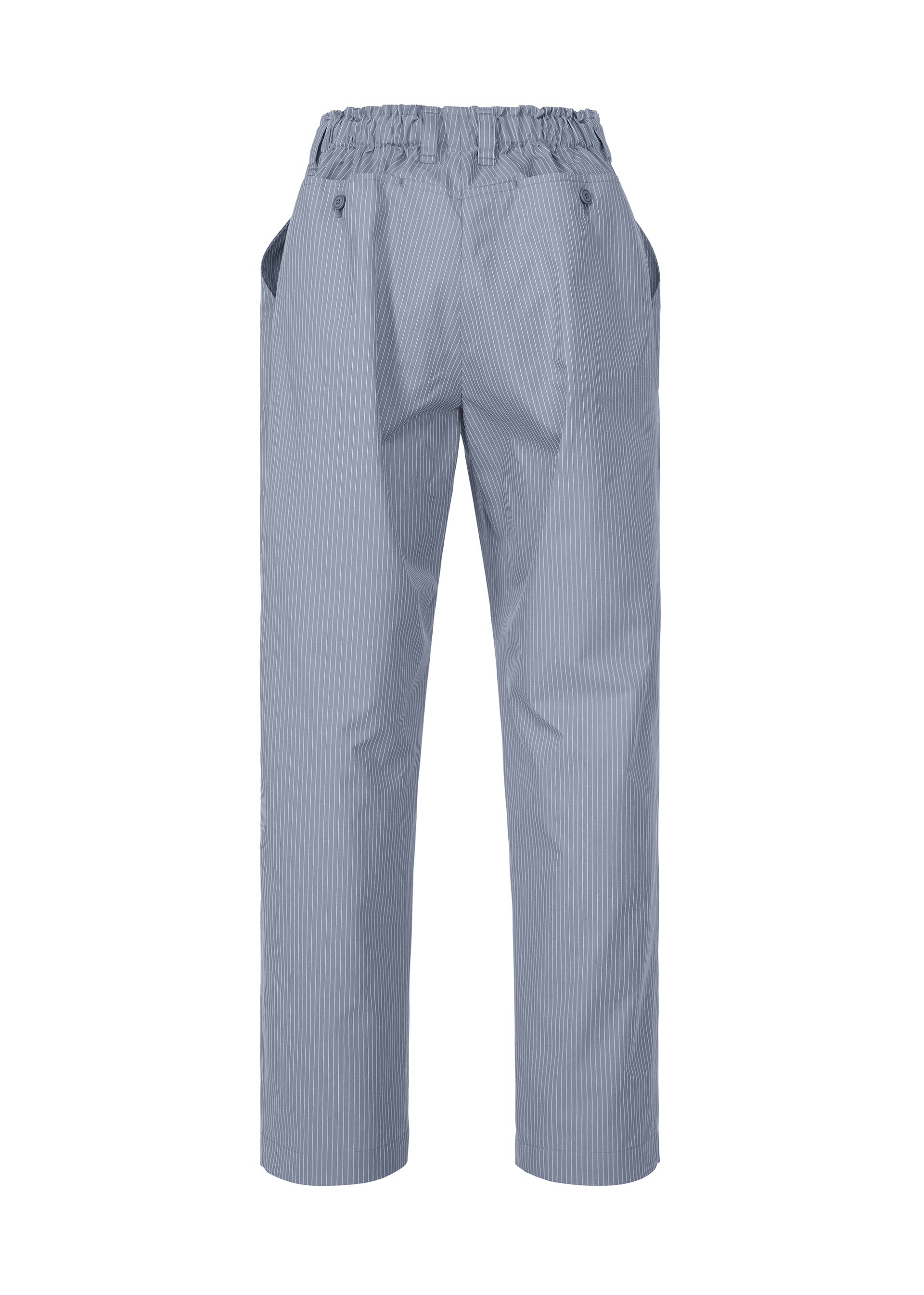 Zoomed view The TYPE-S 003 pants by A-POC ABLE ISSEY MIYAKE feature light blue and white vertical stripes, a relaxed fit, accordion pleats, an elastic waistband, two front pockets, and lightweight stretch fabric, shown on a plain white background.