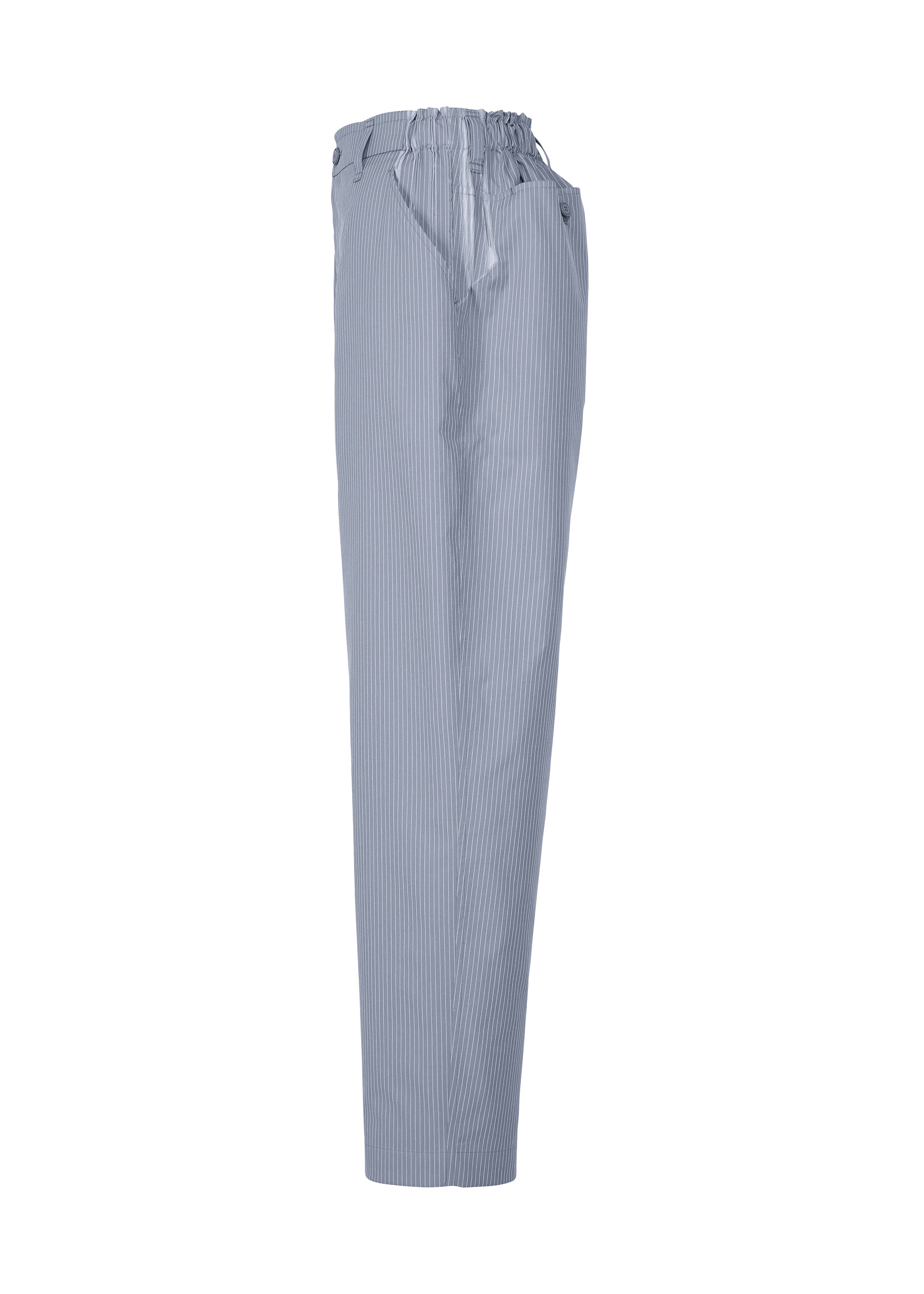 Zoomed view The TYPE-S 003 pants by A-POC ABLE ISSEY MIYAKE feature light blue and white vertical stripes, a lightweight stretchy fabric, elastic waistband, side pockets, and a relaxed straight-leg fit, shown from the side against a white background.