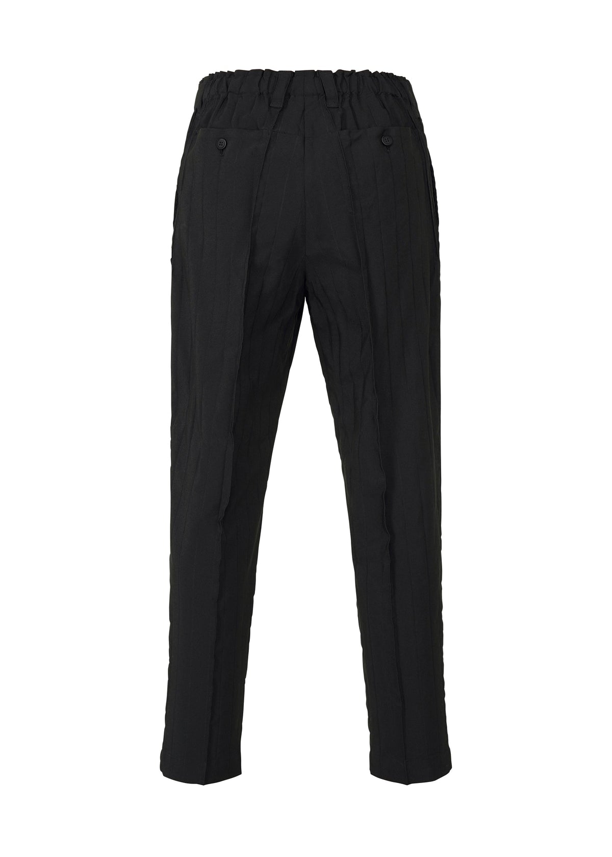 The TYPE-Ⅰ 007 by A-POC ABLE ISSEY MIYAKE are black pleated trousers with an elastic waistband, straight legs, and two buttoned back pockets, featuring subtle Steam Stretch detailing. Shown against a white background. view 2 of 4