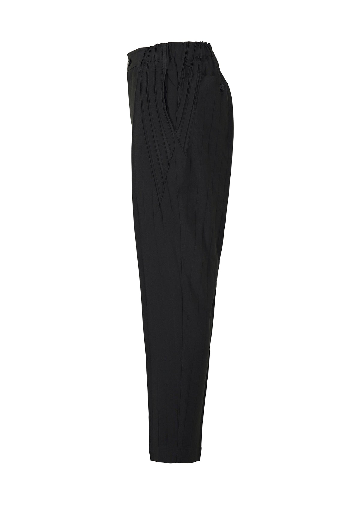 TYPE-Ⅰ 007 by A-POC ABLE ISSEY MIYAKE: black pleated high-waisted striped pants with a tapered leg, gathered waistband, and relaxed fit, shown from the side against a white background. view 3 of 4
