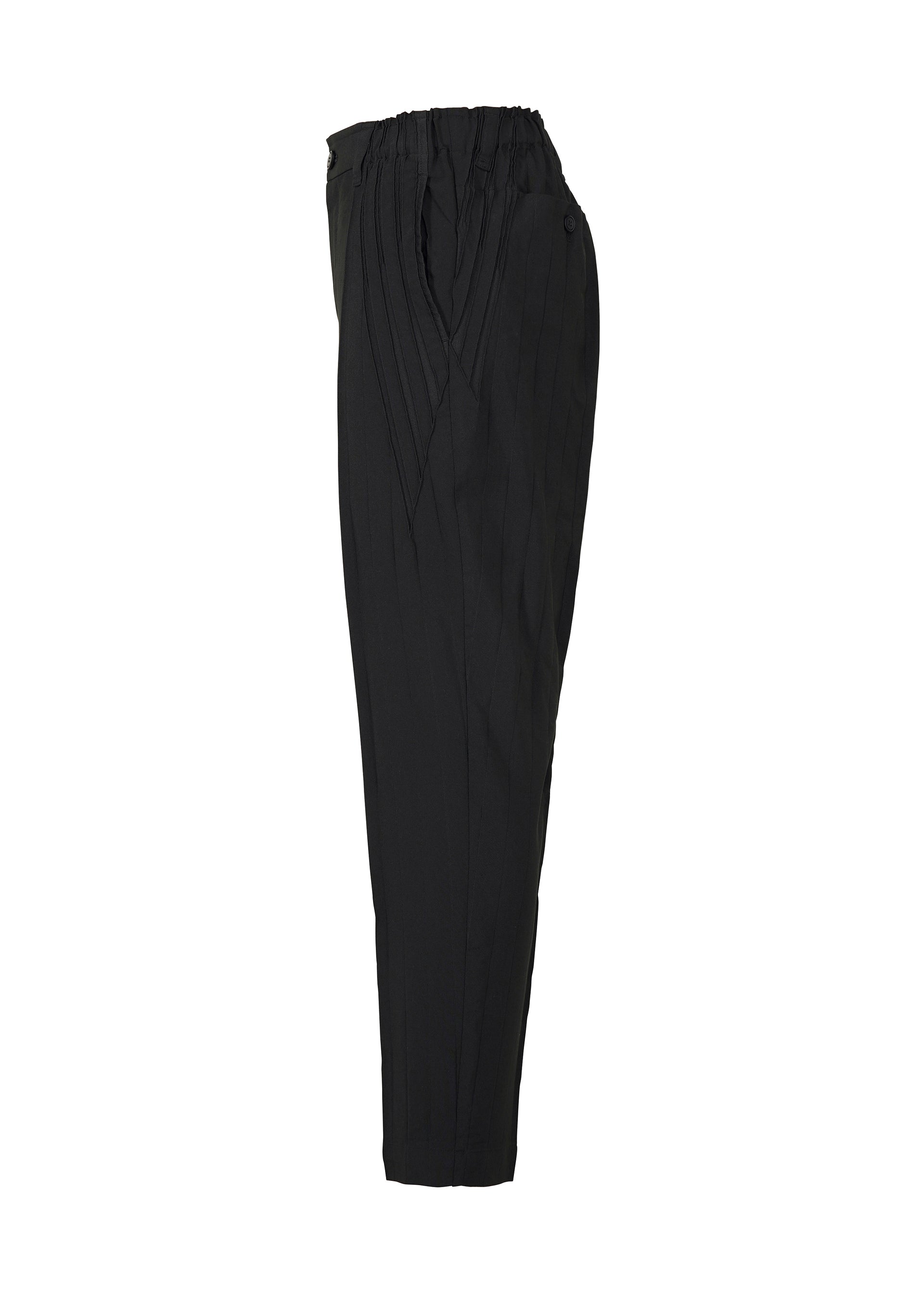 Zoomed view TYPE-Ⅰ 007 by A-POC ABLE ISSEY MIYAKE: black pleated high-waisted striped pants with a tapered leg, gathered waistband, and relaxed fit, shown from the side against a white background.
