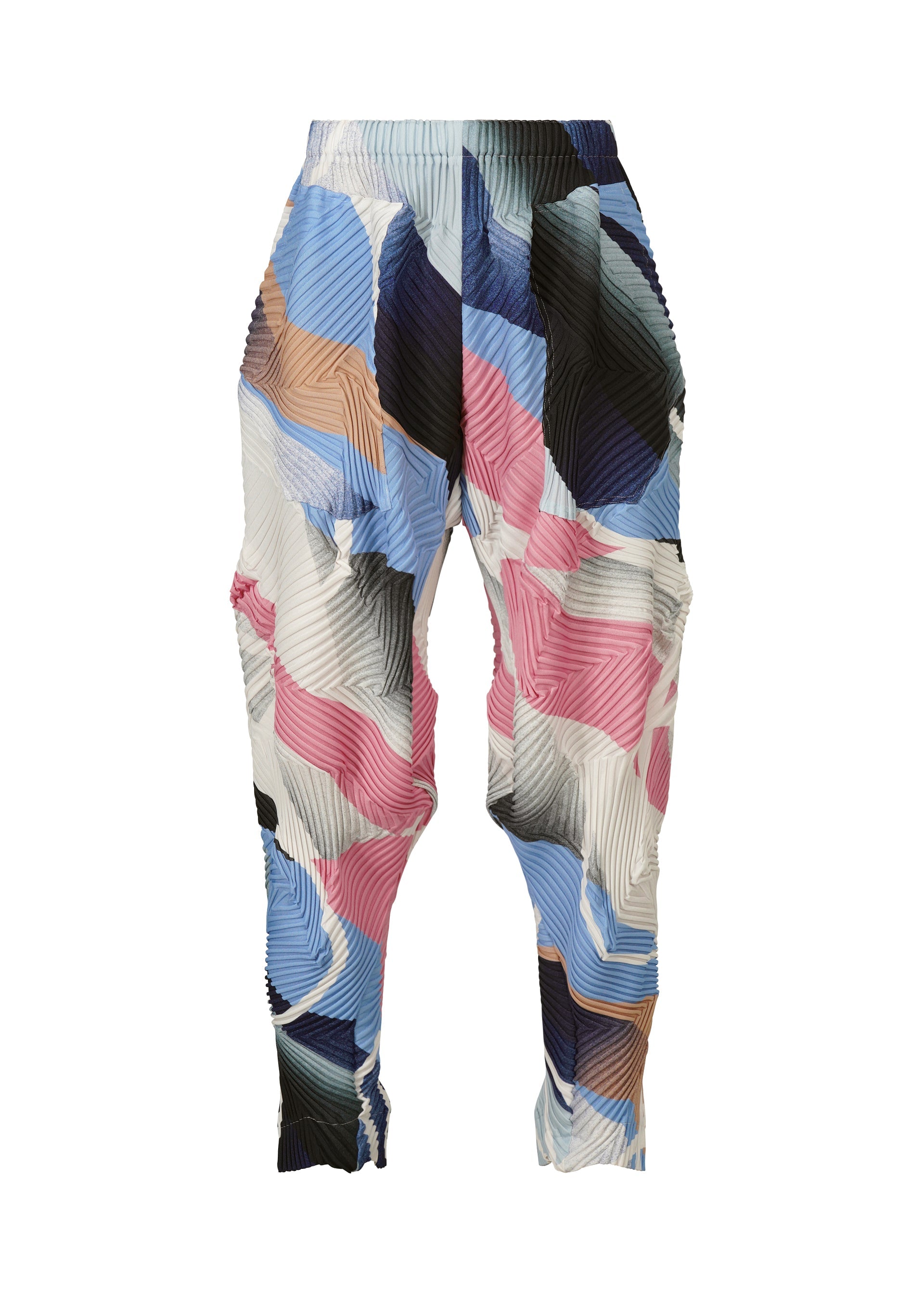 Zoomed view TYPE-XV SOAR NY project 001 by A-POC ABLE ISSEY MIYAKE features pleated pants with a multicolored patchwork design, a crinkled Baked Stretch finish, and a modern tapered fit that highlights iconic Japanese style. - LIGHT PINK×LIGHT BLUE （no.27）