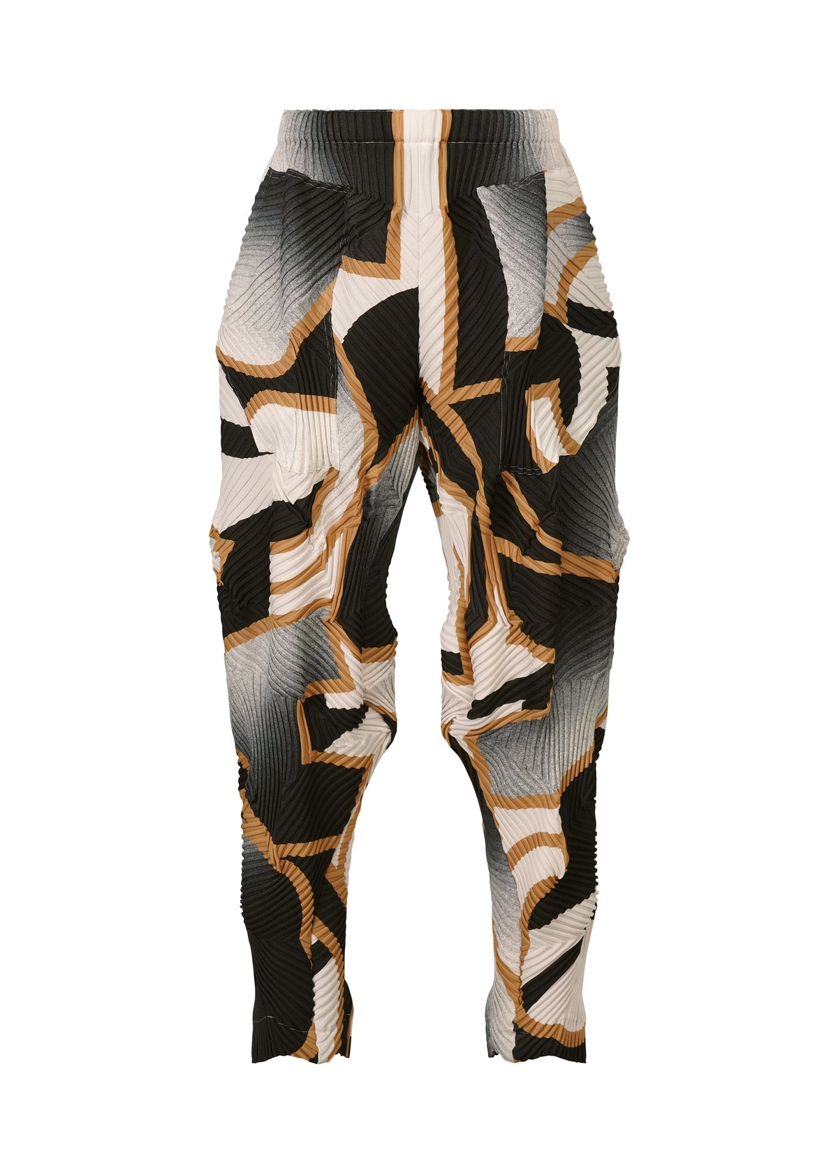 TYPE-XV SOAR NY project 001 by A-POC ABLE ISSEY MIYAKE features pleated pants with an abstract geometric pattern in black, white, beige, and light brown on rippled fabric, inspired by Japanese aesthetics and signature Baked Stretch pleats. view 2 of 9