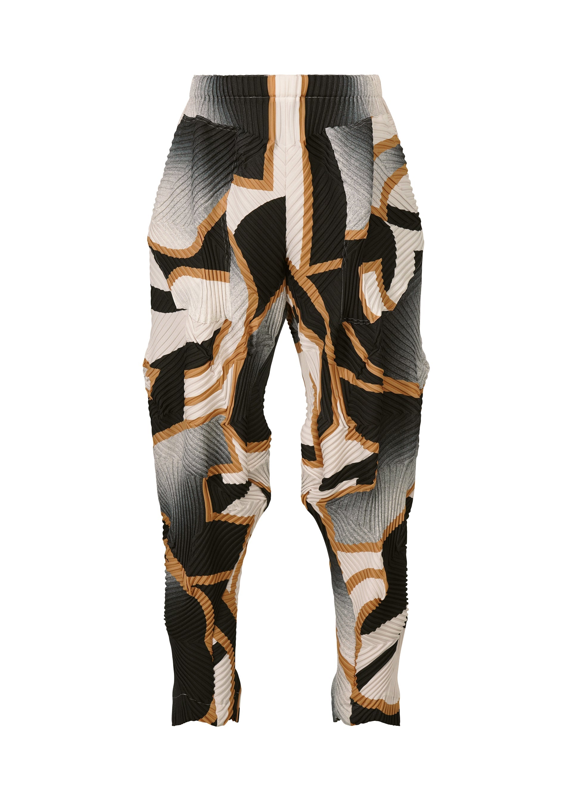 Zoomed view TYPE-XV SOAR NY project 001 by A-POC ABLE ISSEY MIYAKE features pleated pants with an abstract geometric pattern in black, white, beige, and light brown on rippled fabric, inspired by Japanese aesthetics and signature Baked Stretch pleats. - BEIGE-HUED （no.46）
