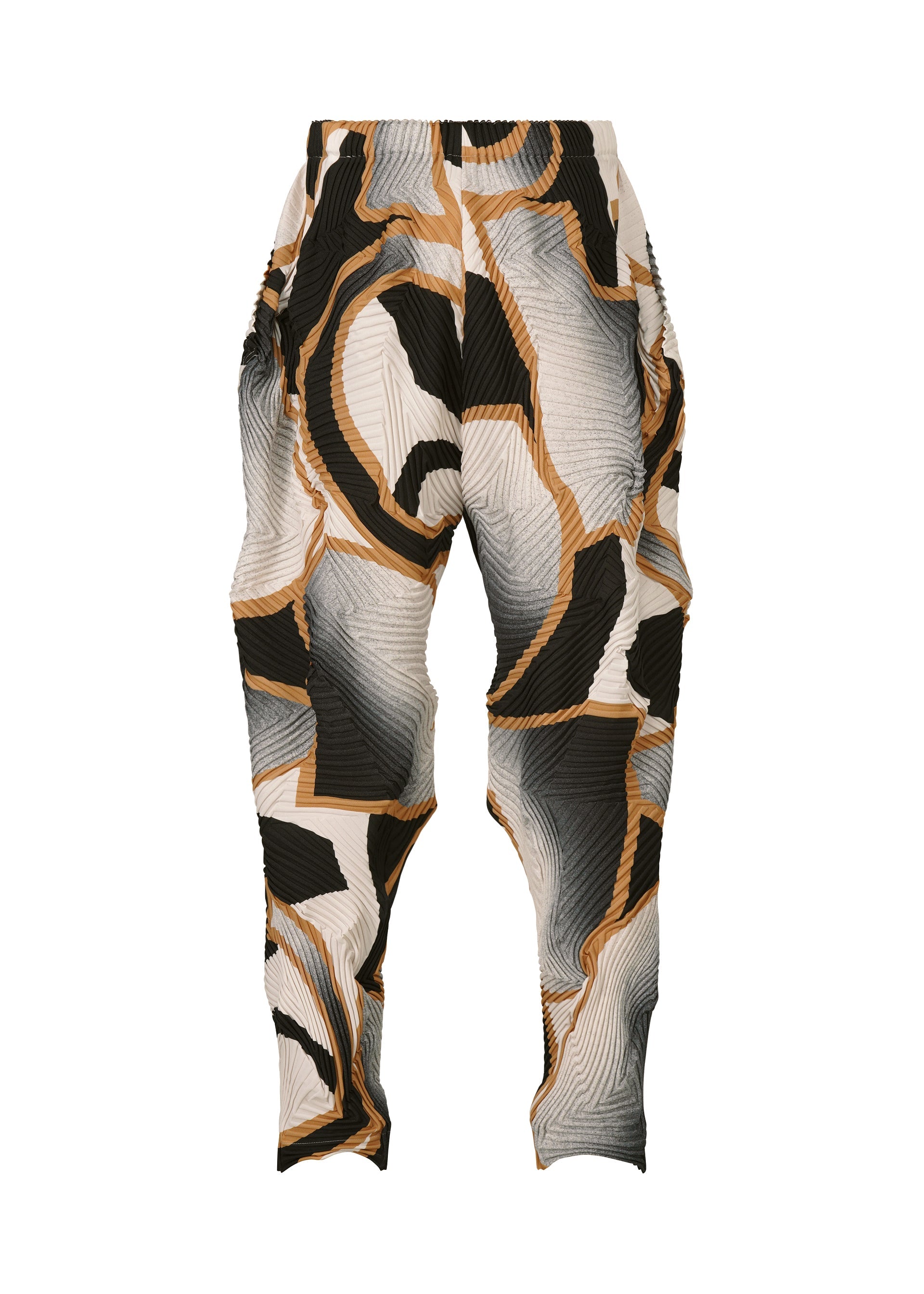 Zoomed view TYPE-XV SOAR NY project 001 by A-POC ABLE ISSEY MIYAKE: abstract patterned pants with signature Baked Stretch pleats in black, tan, beige, and gray on white—a refined nod to Japanese style against a plain backdrop.