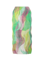 The TYPE-P 005 skirt by A-POC ABLE ISSEY MIYAKE is a mid-length, stretch piece with a wavy, multi-colored pattern featuring green, yellow, pink, and white lines that create an optical illusion texture. - PINK-HUED （no.26）