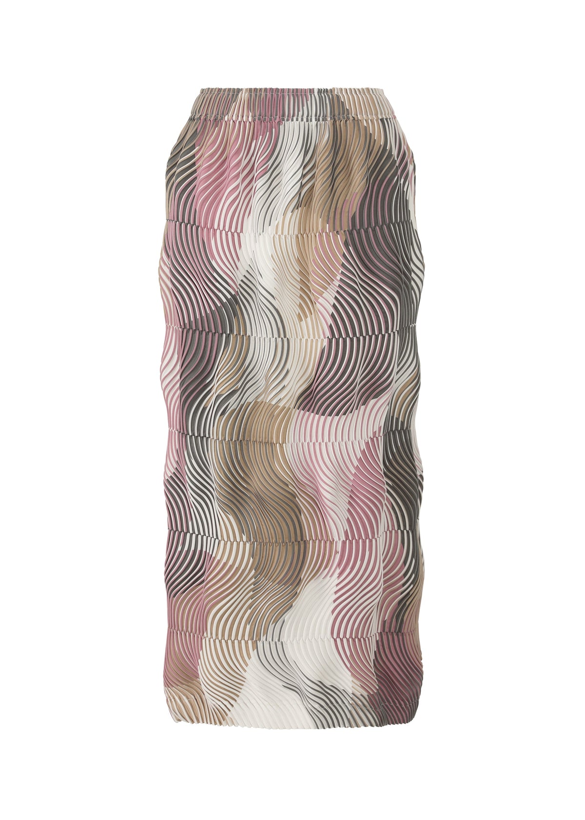 The TYPE-P 005 skirt by A-POC ABLE ISSEY MIYAKE is knee-length with a wavy texture, featuring an abstract pattern in pink, beige, brown, black, and white plus horizontal pleats for a dynamic effect. view 2 of 9