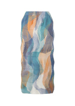The TYPE-P 005 skirt from A-POC ABLE ISSEY MIYAKE features a wavy knee-length silhouette in blue, orange, teal, and white tones with pleated Baked Stretch fabric on a white base. - TURQUOISE BLUE-HUED （no.77）