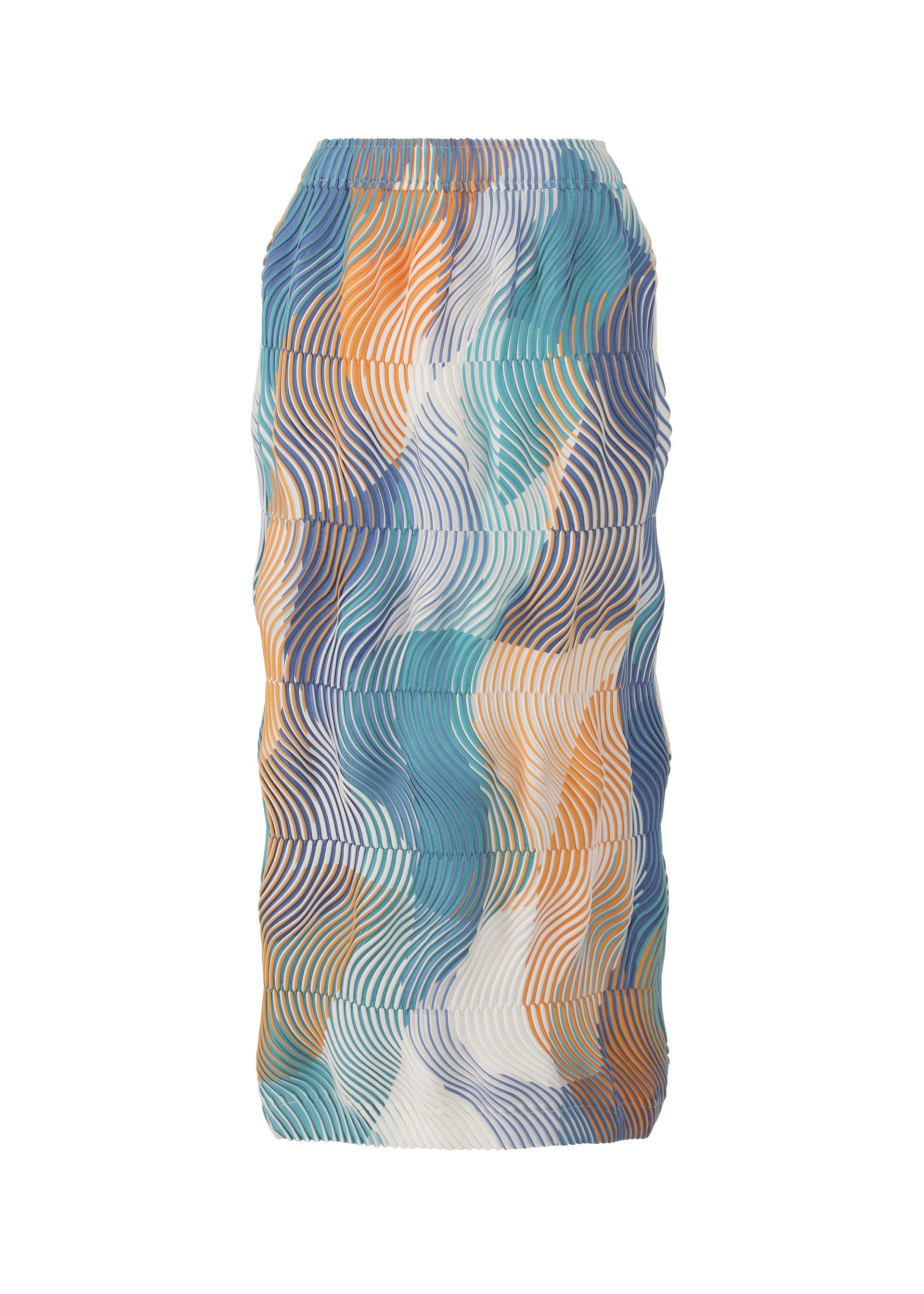 Zoomed view The TYPE-P 005 skirt from A-POC ABLE ISSEY MIYAKE features a wavy knee-length silhouette in blue, orange, teal, and white tones with pleated Baked Stretch fabric on a white base. - TURQUOISE BLUE-HUED （no.77）