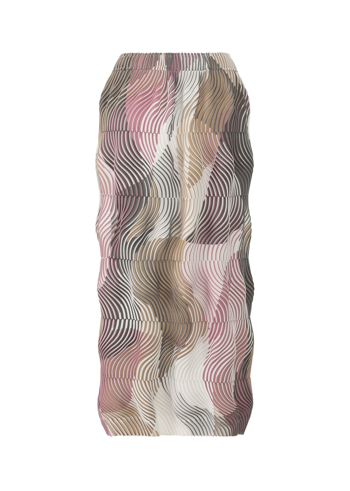 The TYPE-P 005 skirt by A-POC ABLE ISSEY MIYAKE features a wavy, ruched Baked Stretch design with abstract pink, beige, brown, and black lines on white for a vibrant, eye-catching look. view 4 of 9
