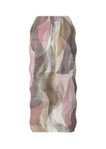 The TYPE-P 005 skirt by A-POC ABLE ISSEY MIYAKE features a wavy, ruched Baked Stretch design with abstract pink, beige, brown, and black lines on white for a vibrant, eye-catching look.