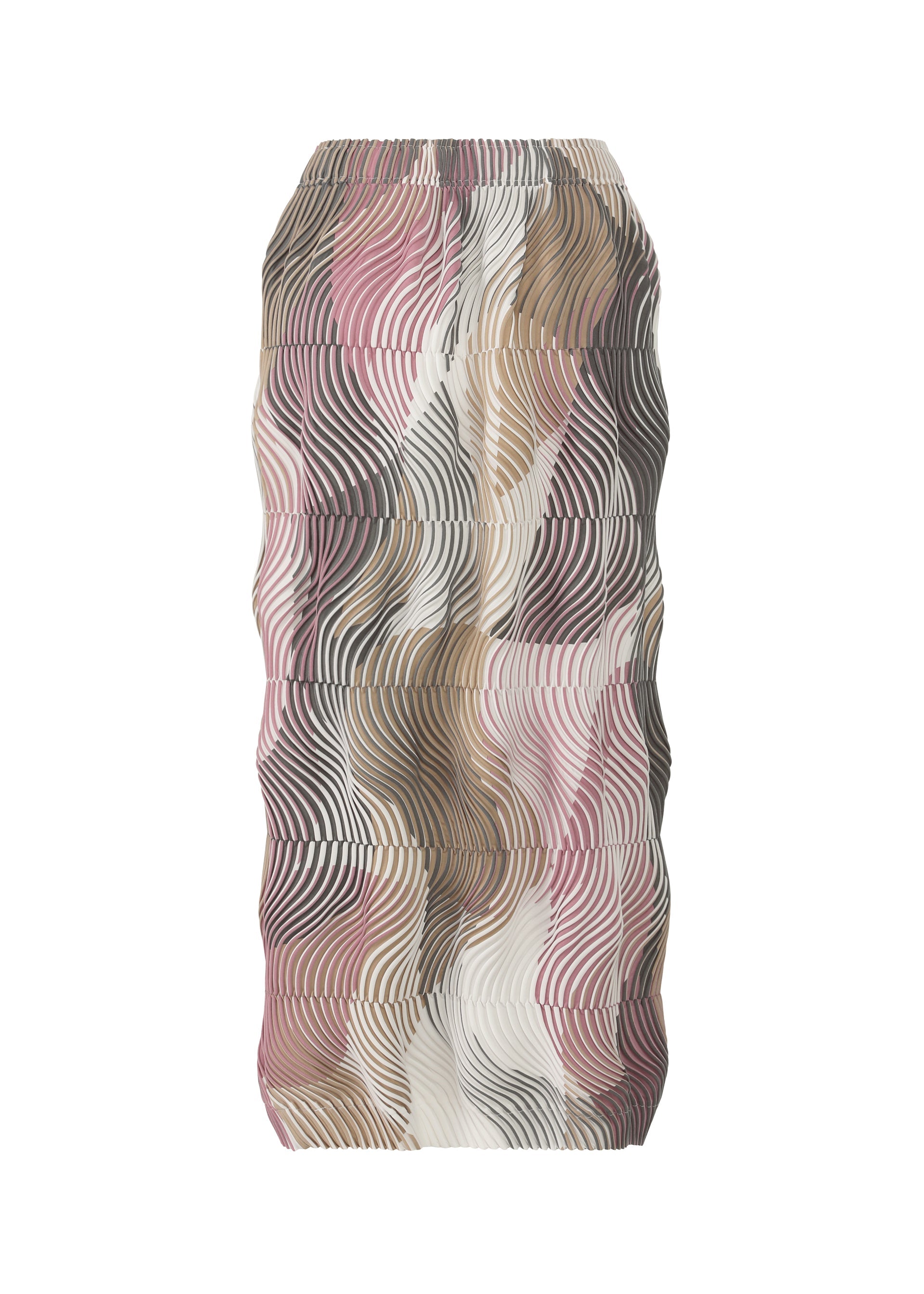 Zoomed view The TYPE-P 005 skirt by A-POC ABLE ISSEY MIYAKE features a wavy, ruched Baked Stretch design with abstract pink, beige, brown, and black lines on white for a vibrant, eye-catching look.