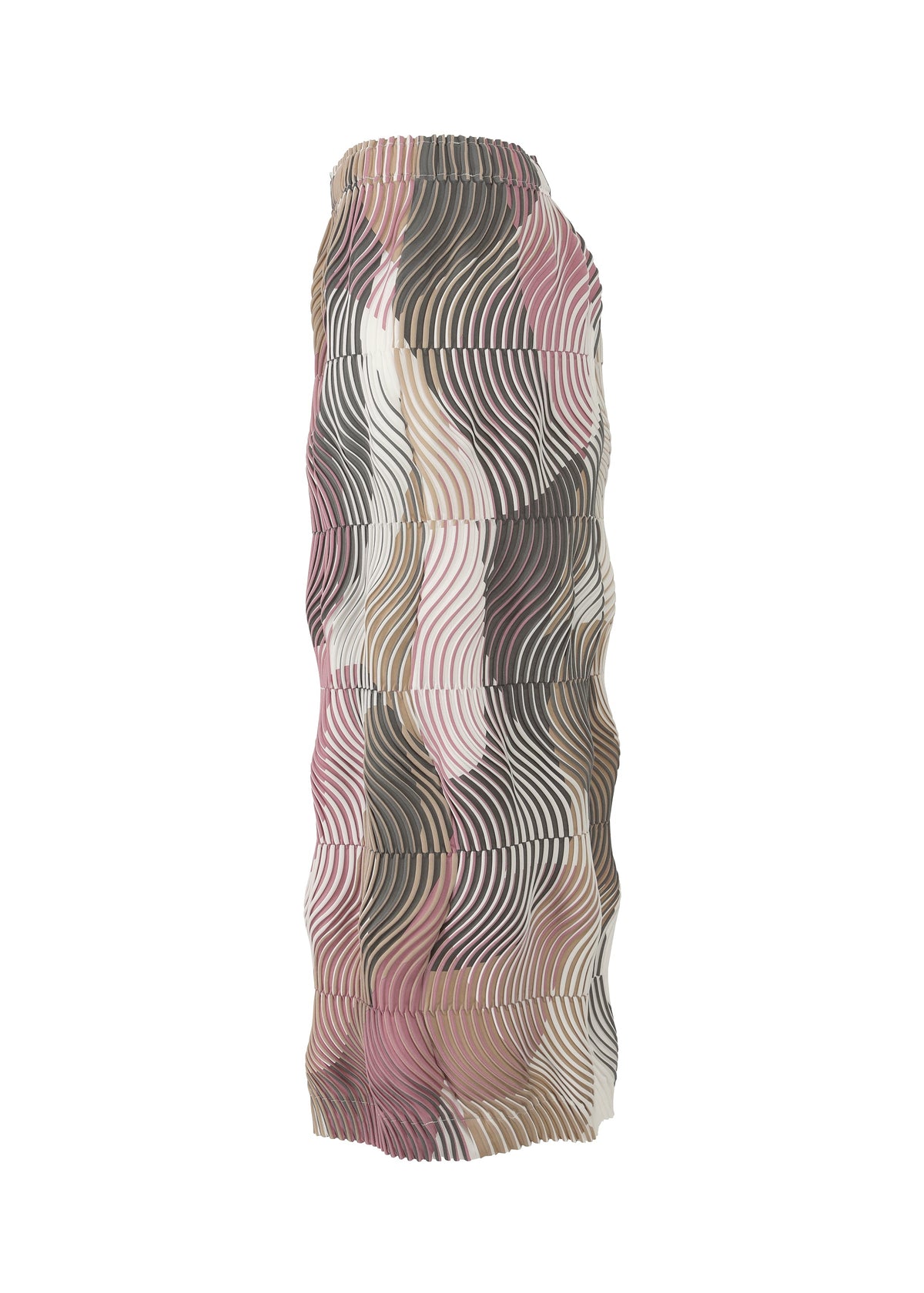 The TYPE-P 005 skirt by A-POC ABLE ISSEY MIYAKE features a high waist, long wavy texture, and an abstract pattern in vivid pink, beige, brown, and white with curved black and white lines. view 5 of 9