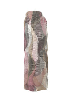 The TYPE-P 005 skirt by A-POC ABLE ISSEY MIYAKE features a high waist, long wavy texture, and an abstract pattern in vivid pink, beige, brown, and white with curved black and white lines.