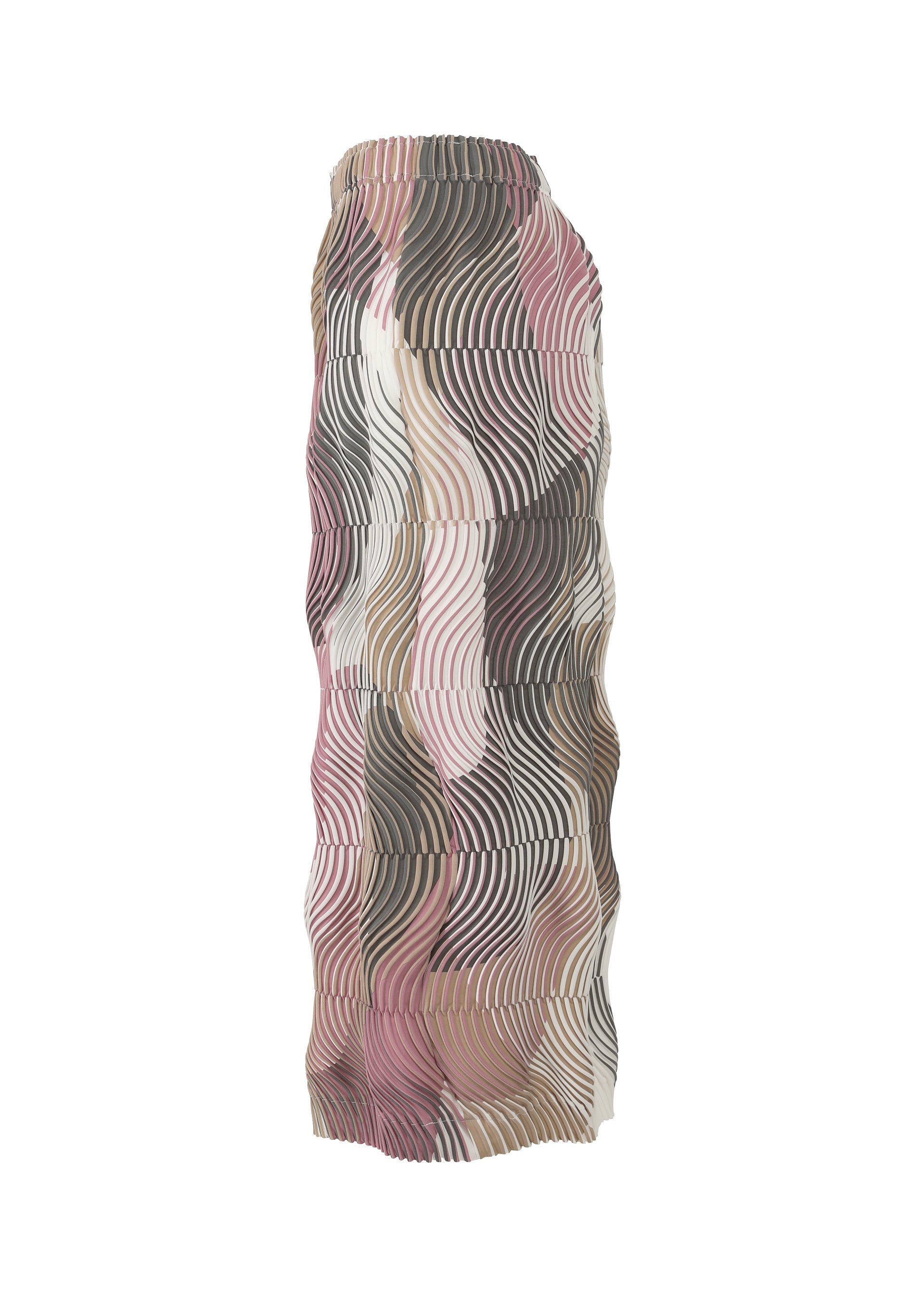 Zoomed view The TYPE-P 005 skirt by A-POC ABLE ISSEY MIYAKE features a high waist, long wavy texture, and an abstract pattern in vivid pink, beige, brown, and white with curved black and white lines.
