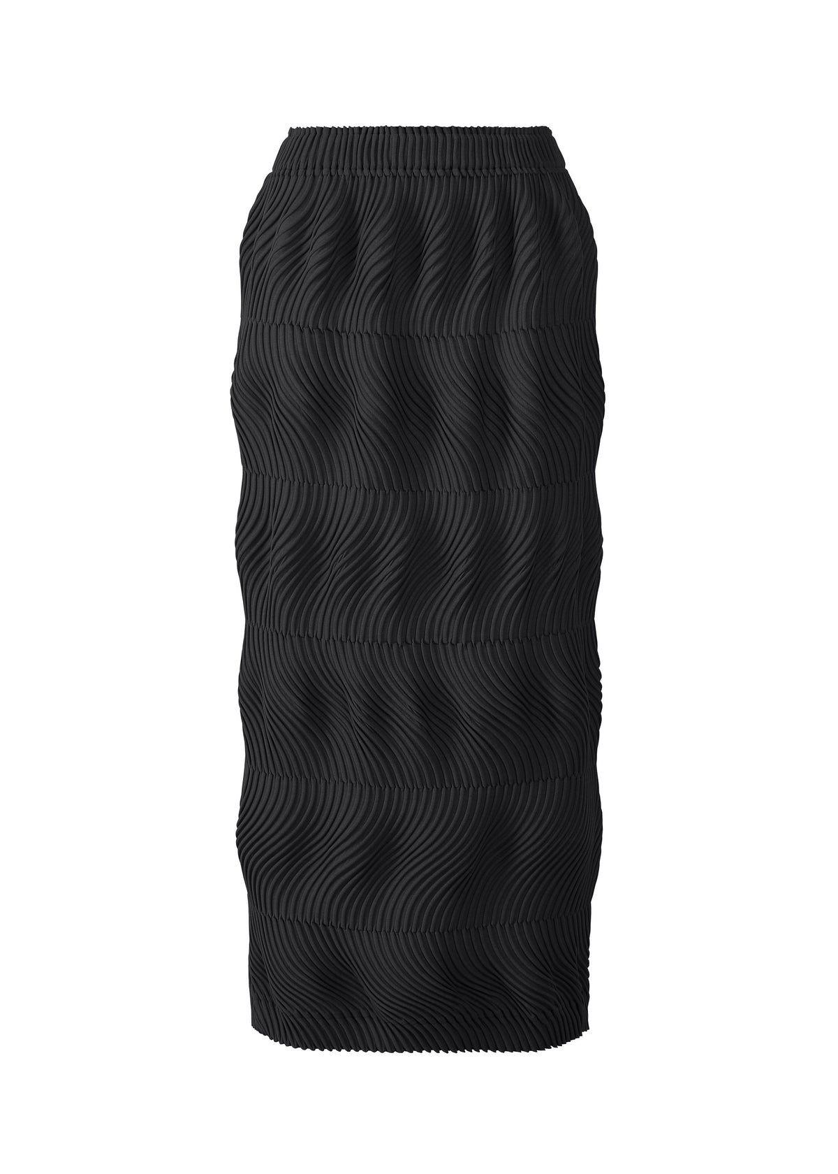 The TYPE-P 006 by A-POC ABLE ISSEY MIYAKE is a black, knee-length skirt with a fitted silhouette and horizontal wavy stripes across its textured stretch fabric. view 1 of 8