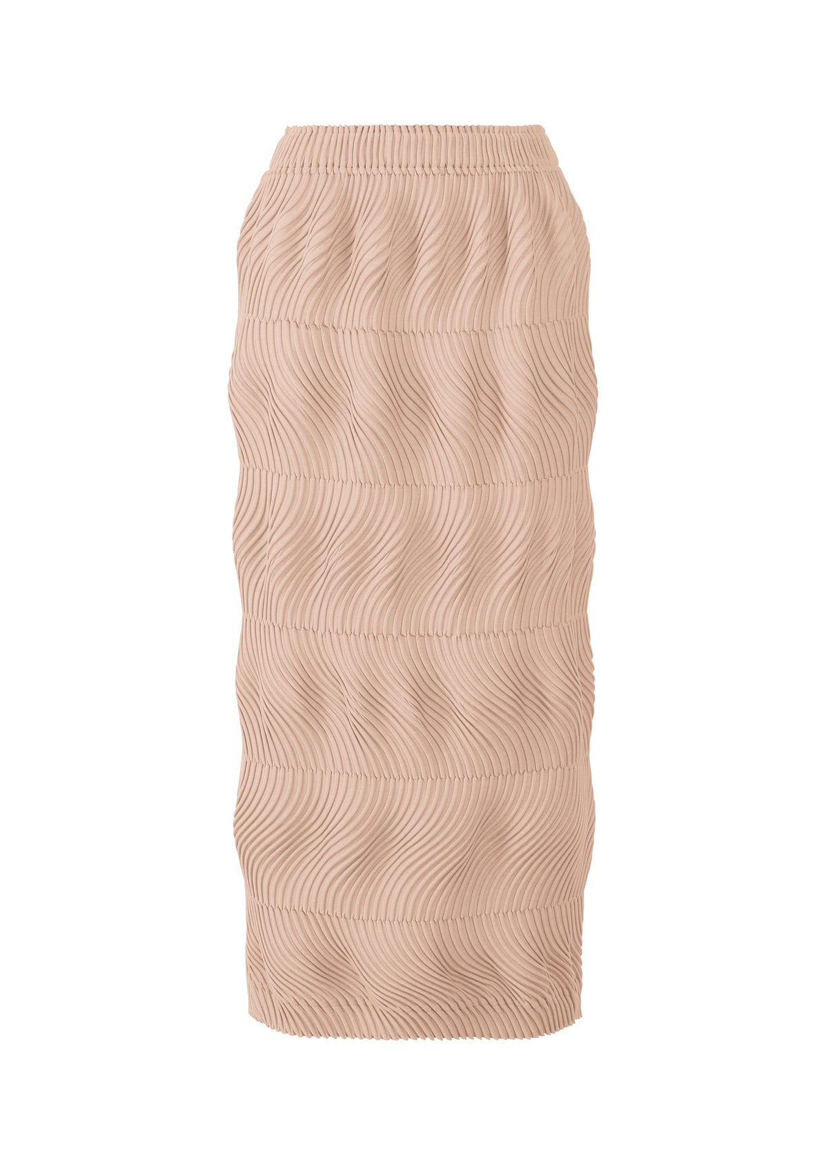 The TYPE-P 006 from A-POC ABLE ISSEY MIYAKE is a beige knee-length skirt with a fitted silhouette, horizontal textured wavy lines, and a gathered elastic waistband. view 3 of 8