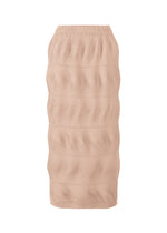 The TYPE-P 006 from A-POC ABLE ISSEY MIYAKE is a beige knee-length skirt with a fitted silhouette, horizontal textured wavy lines, and a gathered elastic waistband. - PINK BEIGE （no.42）