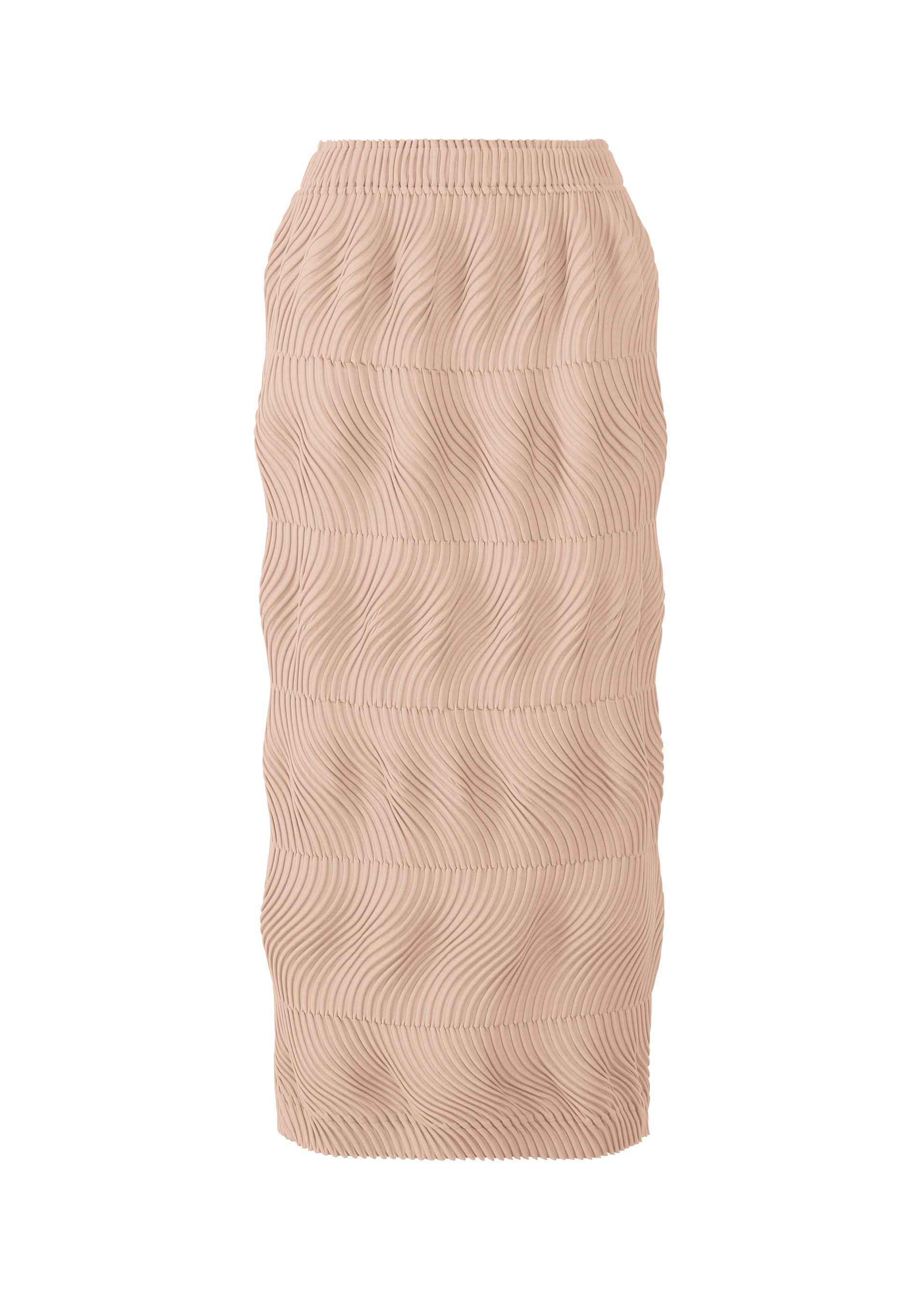 Zoomed view The TYPE-P 006 from A-POC ABLE ISSEY MIYAKE is a beige knee-length skirt with a fitted silhouette, horizontal textured wavy lines, and a gathered elastic waistband. - PINK BEIGE （no.42）