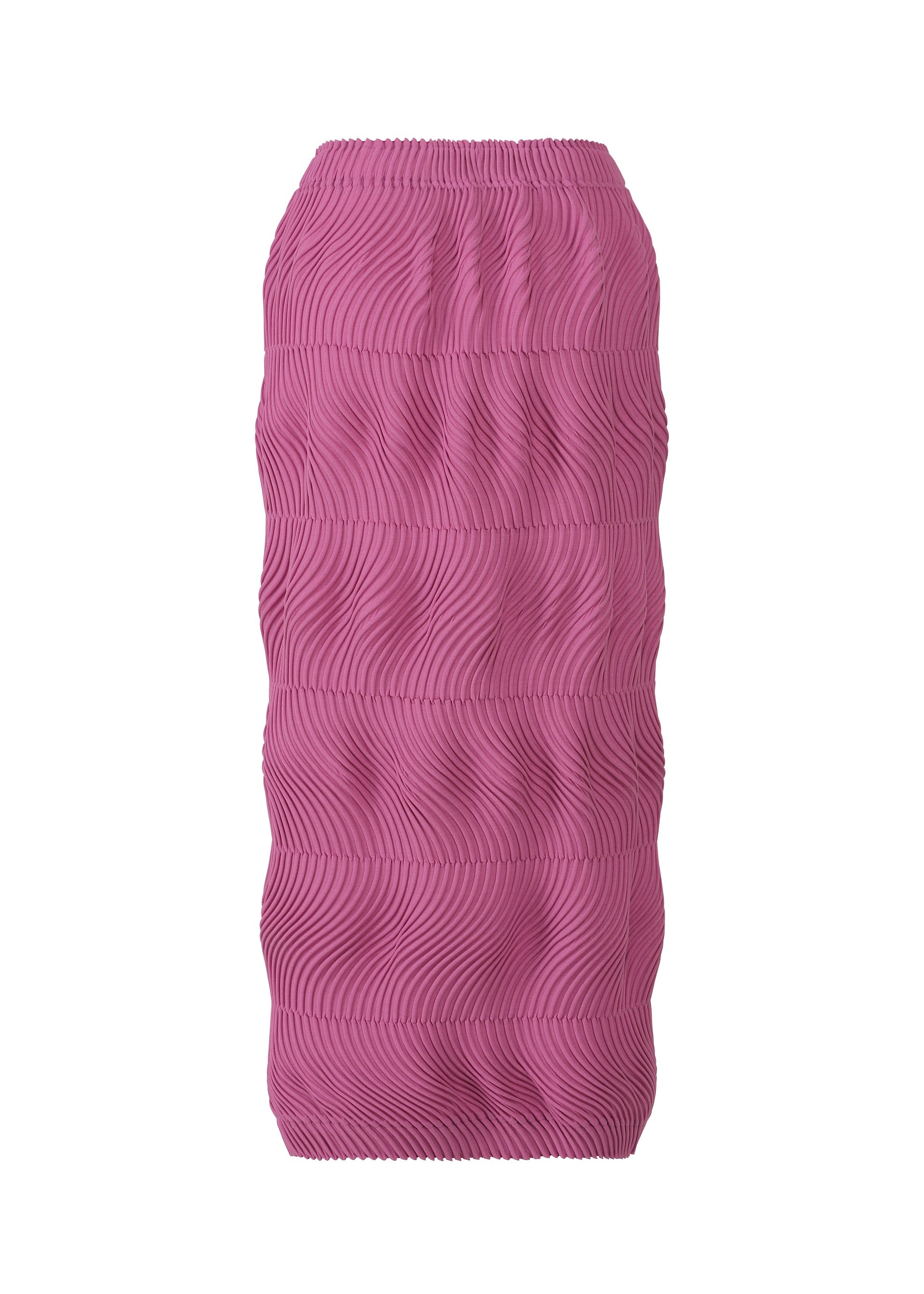 Zoomed view The TYPE-P 006 by A-POC ABLE ISSEY MIYAKE is a knee-length, high-waisted pink pleated skirt featuring a unique, textured wavy pattern—an elegant and versatile piece for any occasion.