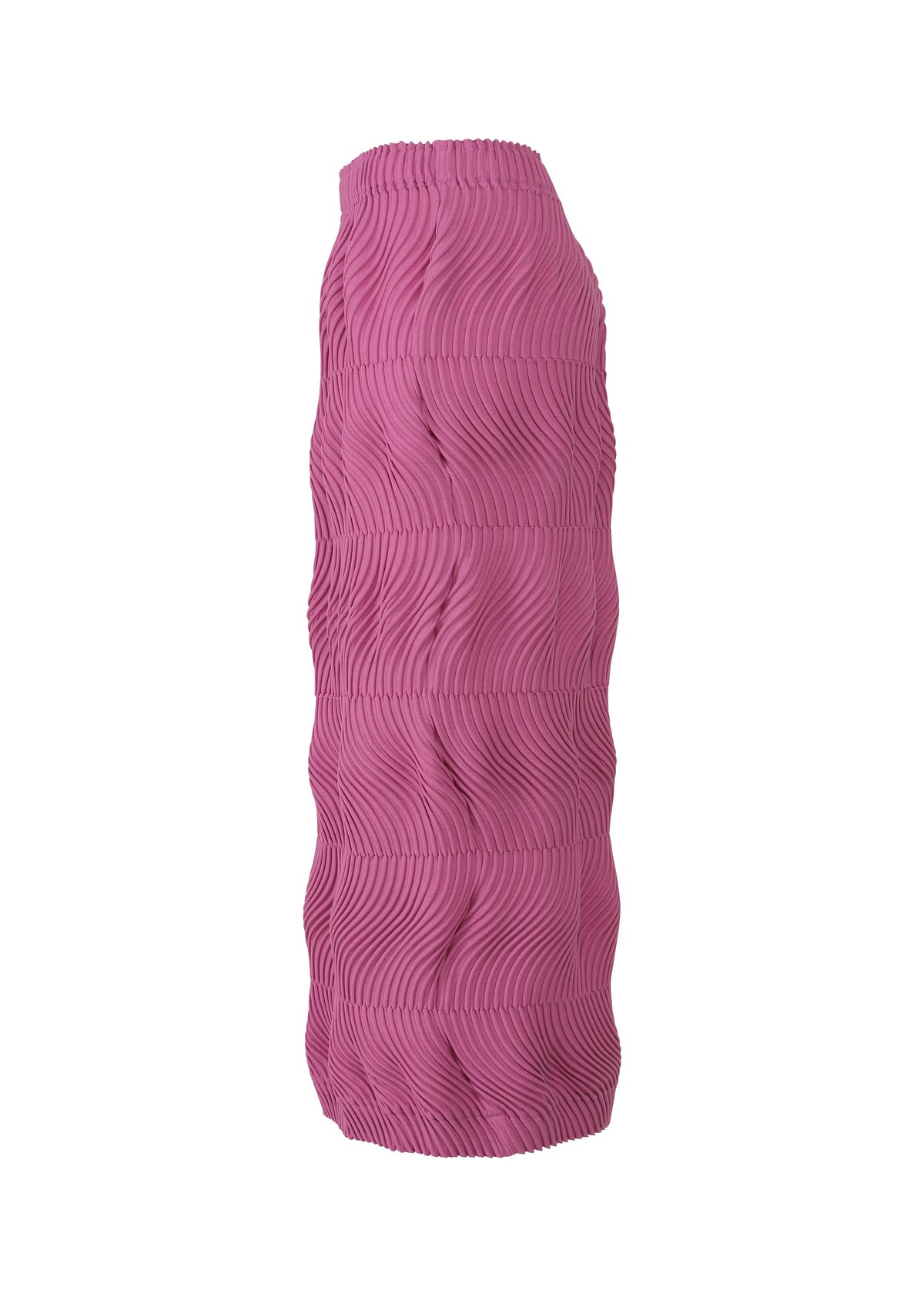 The TYPE-P 006 skirt by A-POC ABLE ISSEY MIYAKE is a pink, high-waisted pleated skirt with a scalloped textured pattern and wavy, three-dimensional pleats, made with Baked Stretch for comfort, shown on a white background. view 5 of 8