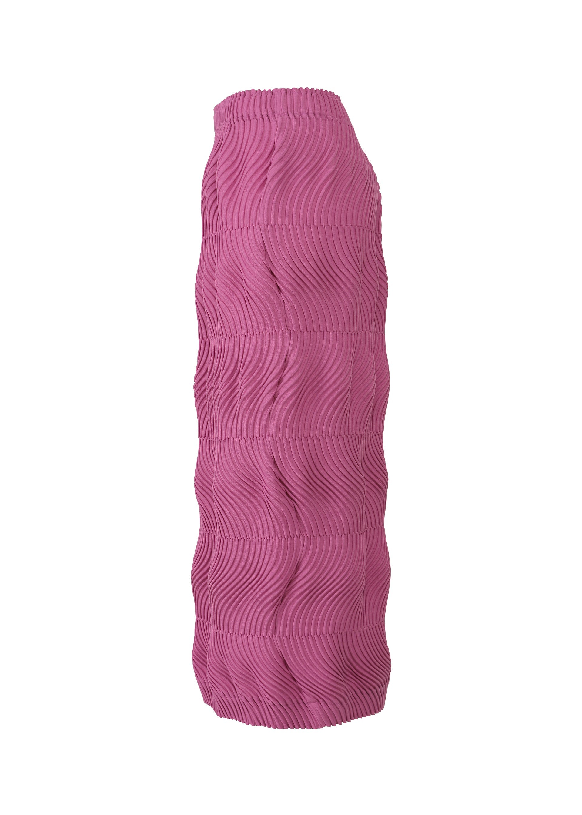 Zoomed view The TYPE-P 006 skirt by A-POC ABLE ISSEY MIYAKE is a pink, high-waisted pleated skirt with a scalloped textured pattern and wavy, three-dimensional pleats, made with Baked Stretch for comfort, shown on a white background.