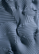 Close-up of TYPE-P 003-2 by A-POC ABLE ISSEY MIYAKE: textured blue fabric with raised, free-form pleats forming geometric, wavy patterns. Folds and shadows showcase the dynamic, sculptural Baked Stretch technique.