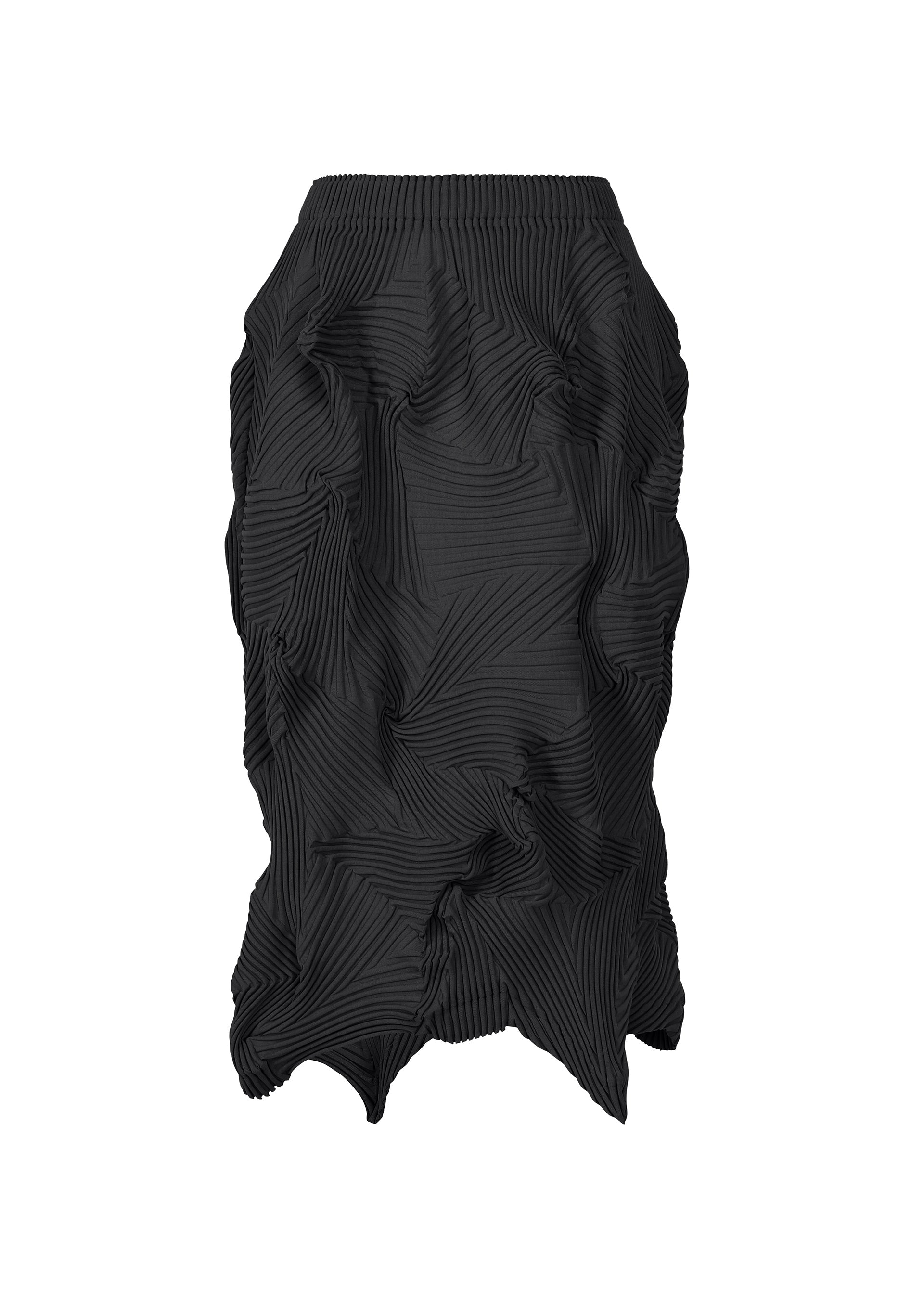 Zoomed view The TYPE-P 003-2 by A-POC ABLE ISSEY MIYAKE is a black, knee-length skirt with a unique textured 3D pleated design, featuring wavy sculptural folds and an elastic waistband. - BLACK （no.15）