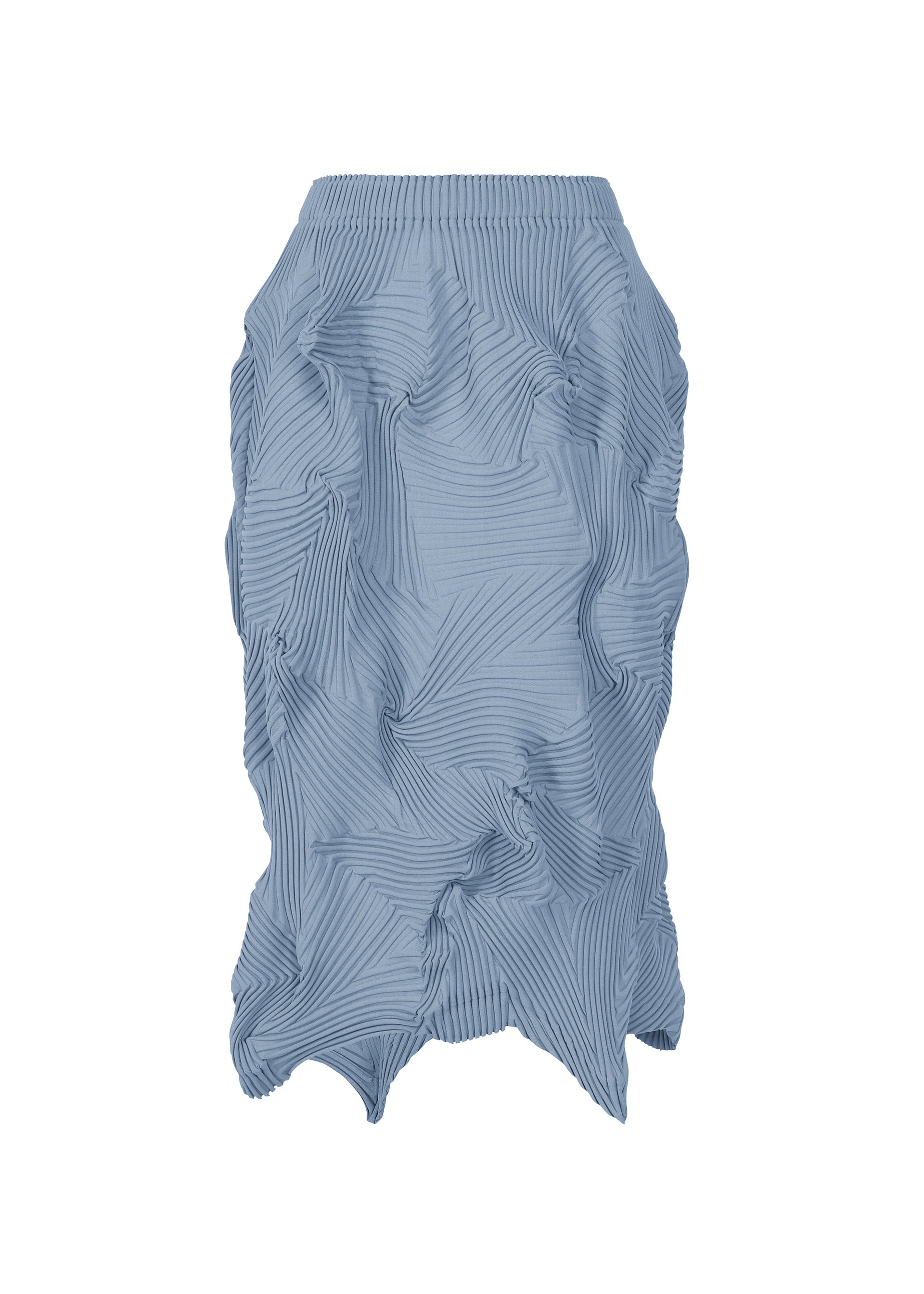 Zoomed view The TYPE-P 003-2 skirt by A-POC ABLE ISSEY MIYAKE is a light blue, knee-length piece featuring Baked Stretch's pleated, sculptural wavy patterns and an elastic waistband for versatile styling. - STEEL BLUE （no.70）