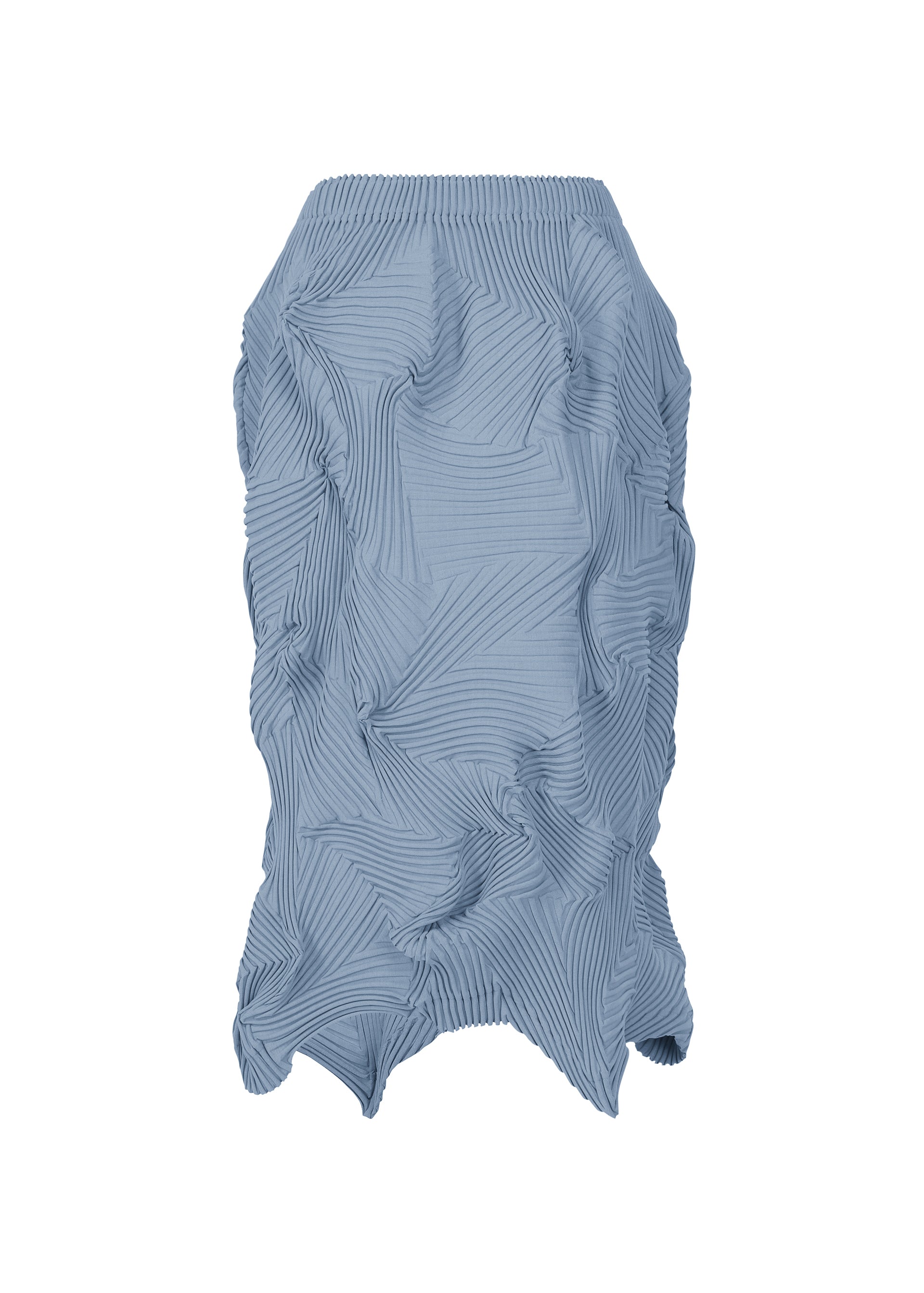 Zoomed view The TYPE-P 003-2 skirt by A-POC ABLE ISSEY MIYAKE features a blue geometric textured pattern, crinkled ruched design, free-form pleats, and Baked Stretch technique for a striking three-dimensional effect.