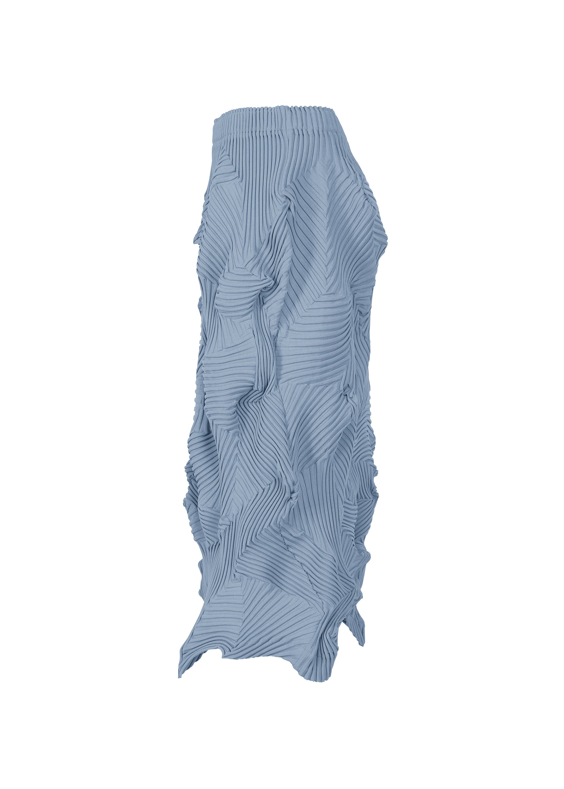 Zoomed view The TYPE-P 003-2 by A-POC ABLE ISSEY MIYAKE is a light blue, midi skirt with textured pleats and irregular ruffles from the Baked Stretch series, featuring a high waist, shown against a plain white background.