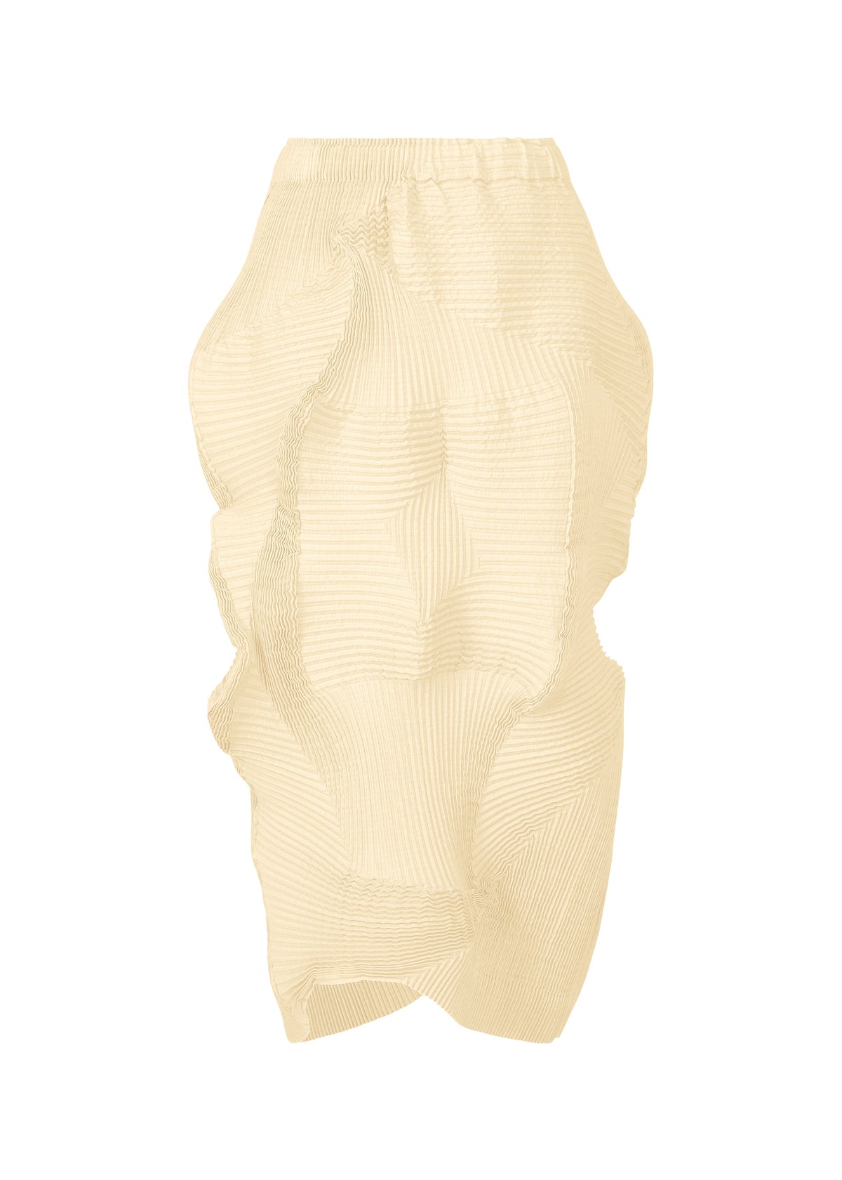 The TYPE-O 022 by A-POC ABLE ISSEY MIYAKE is a beige, knee-length pleated skirt featuring wavy, sculptural textures and an elastic waistband. Crafted from Echizen Japanese Washi paper for a distinct and unique design. view 1 of 8