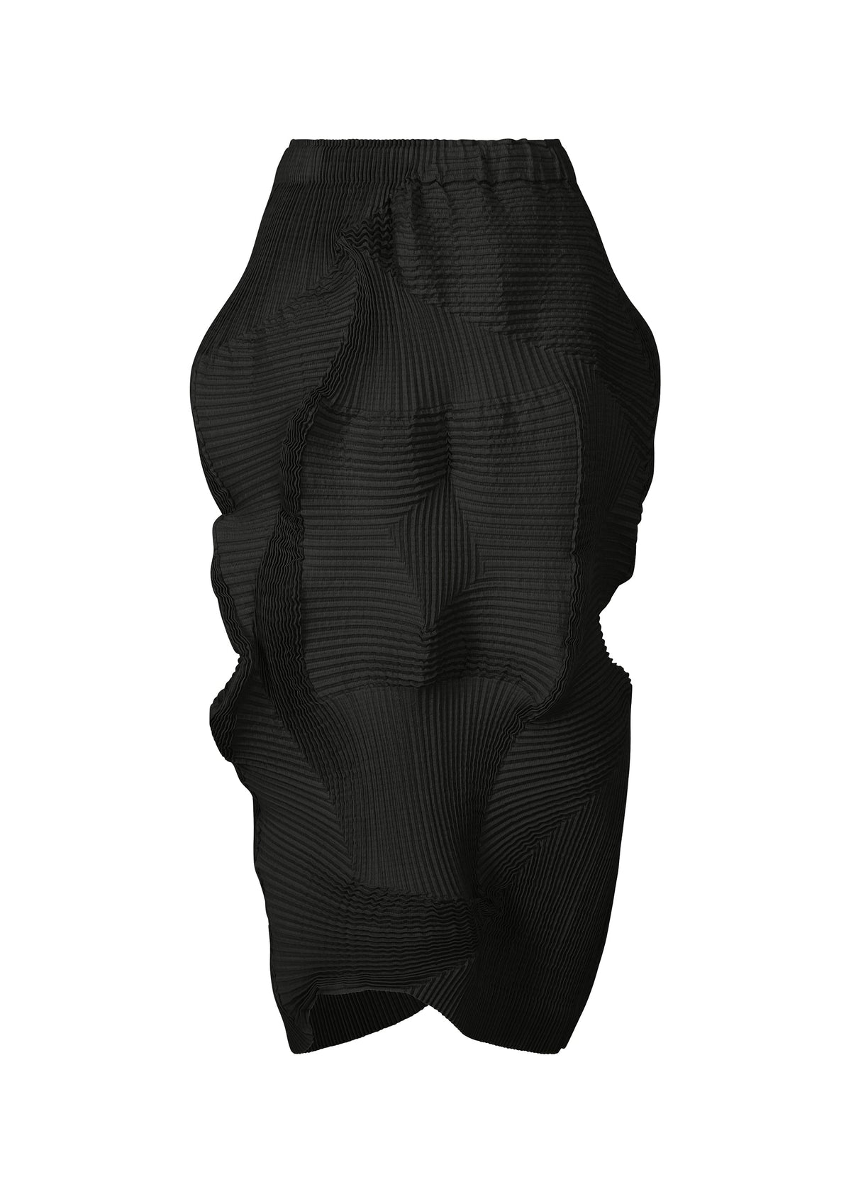 The TYPE-O 022 by A-POC ABLE ISSEY MIYAKE is a black pleated skirt with a sculptural wavy design, crafted from fabric inspired by Echizen Japanese Washi paper. It features irregular contours and is displayed on a plain white background. view 2 of 8