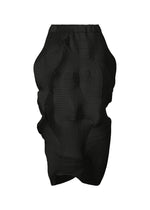 The TYPE-O 022 by A-POC ABLE ISSEY MIYAKE is a black pleated skirt with a sculptural wavy design, crafted from fabric inspired by Echizen Japanese Washi paper. It features irregular contours and is displayed on a plain white background. - BLACK （no.15）