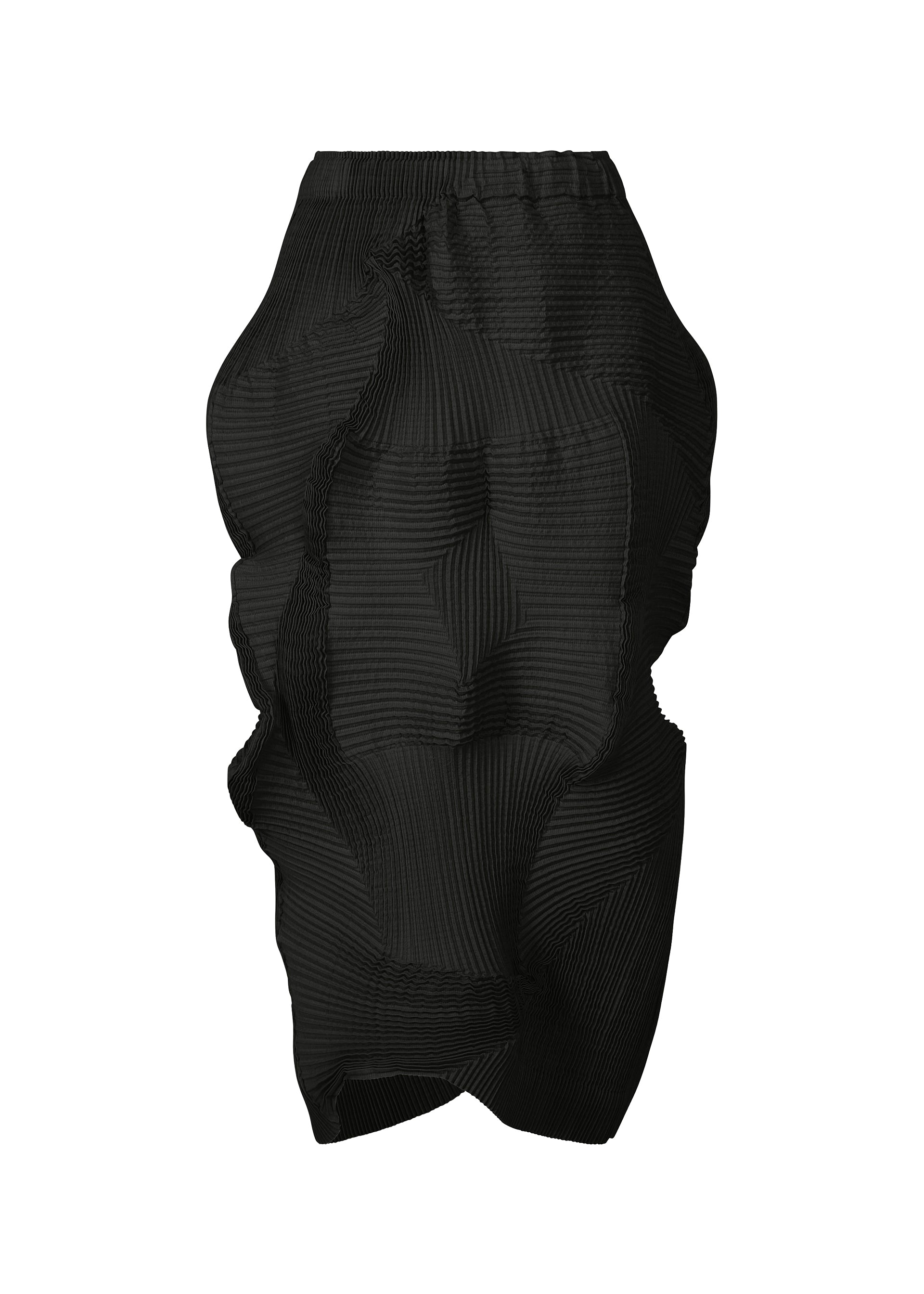 Zoomed view The TYPE-O 022 by A-POC ABLE ISSEY MIYAKE is a black pleated skirt with a sculptural wavy design, crafted from fabric inspired by Echizen Japanese Washi paper. It features irregular contours and is displayed on a plain white background. - BLACK （no.15）