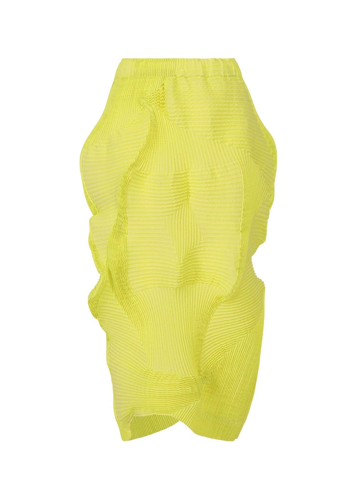 The TYPE-O 022 by A-POC ABLE ISSEY MIYAKE is a yellow, knee-length, high-waisted skirt made from Echizen Japanese Washi paper with textured, wavy pleats for a sculptural look. view 3 of 8