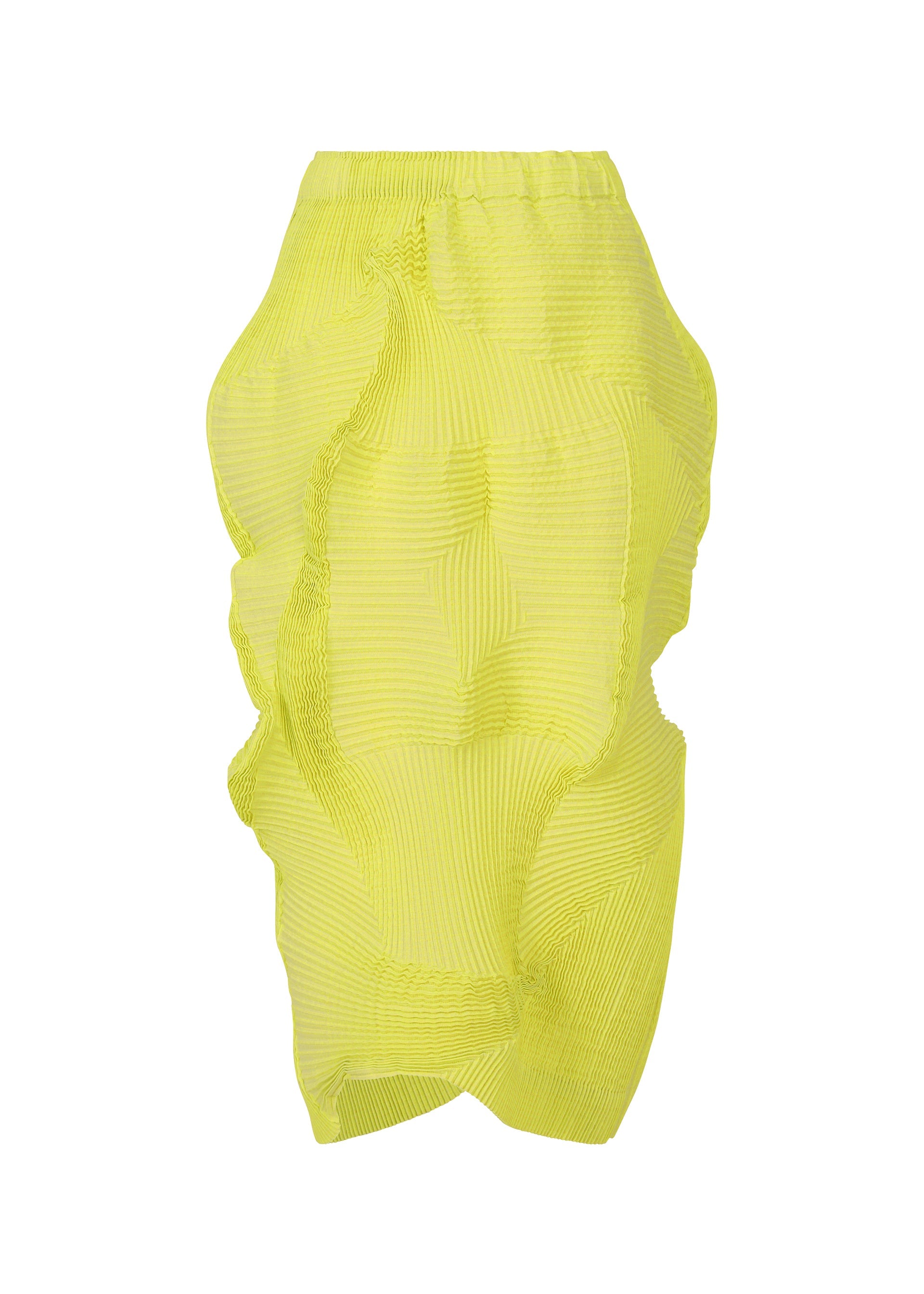 Zoomed view The TYPE-O 022 by A-POC ABLE ISSEY MIYAKE is a yellow, knee-length, high-waisted skirt made from Echizen Japanese Washi paper with textured, wavy pleats for a sculptural look. - LIME GREEN （no.63）