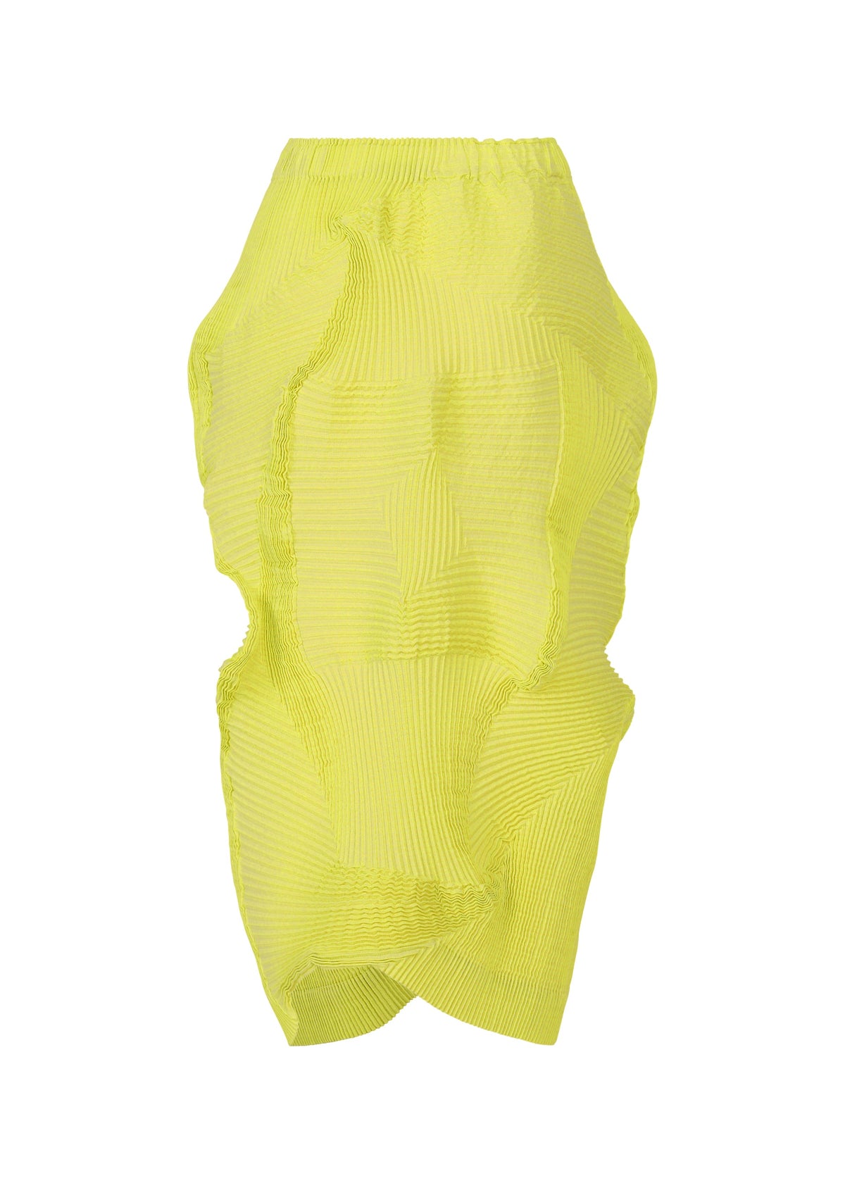 The TYPE-O 022 by A-POC ABLE ISSEY MIYAKE is a high-waisted, knee-length yellow pleated skirt with a textured, wavy and ruched design for an abstract, sculptural silhouette. view 4 of 8