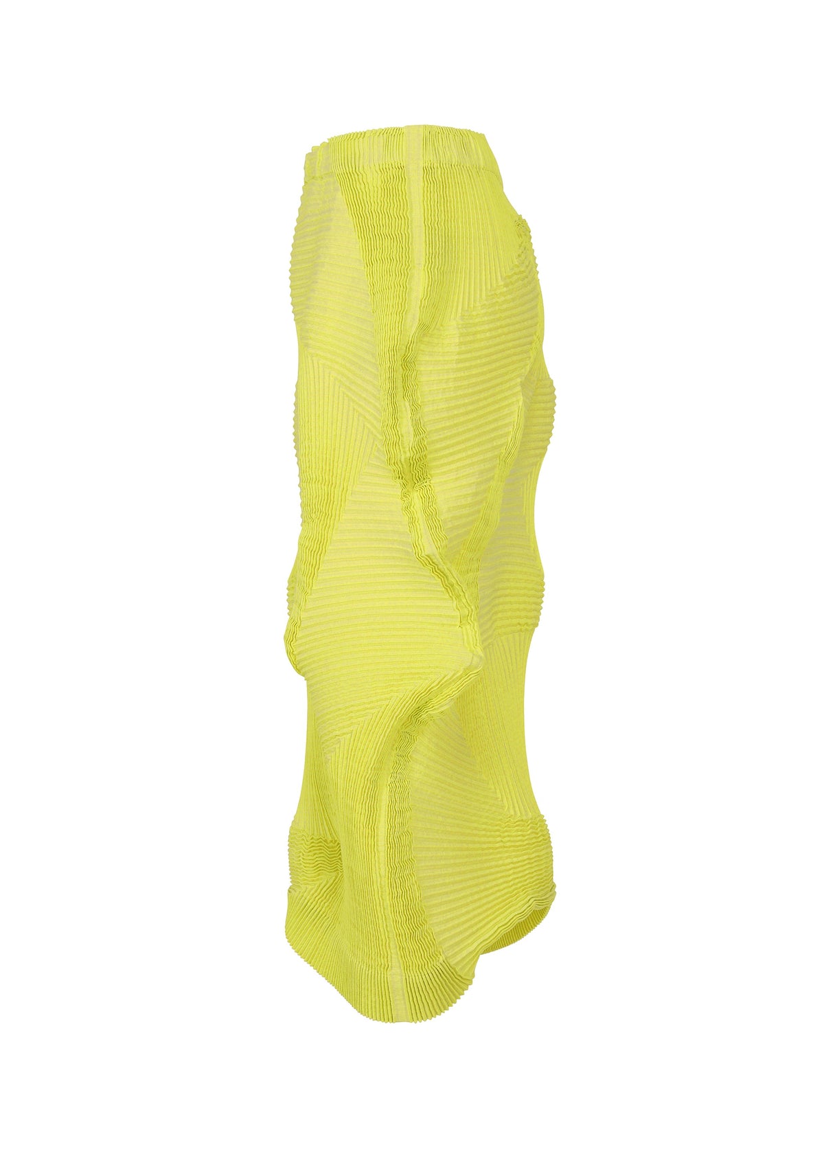 TYPE-O 022 by A-POC ABLE ISSEY MIYAKE: a long, bright yellow, semi-transparent Japanese Washi paper skirt with a wavy texture and asymmetrical silhouette, shown on a white background. view 5 of 8