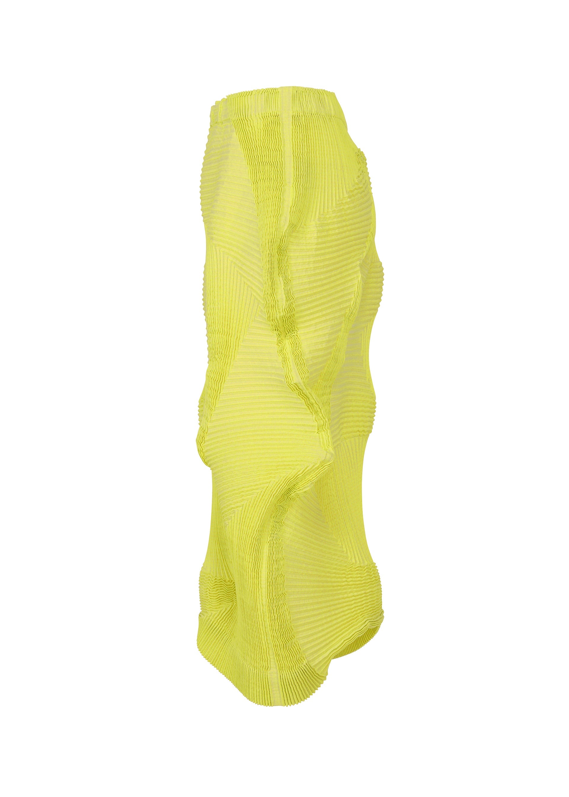 Zoomed view TYPE-O 022 by A-POC ABLE ISSEY MIYAKE: a long, bright yellow, semi-transparent Japanese Washi paper skirt with a wavy texture and asymmetrical silhouette, shown on a white background.