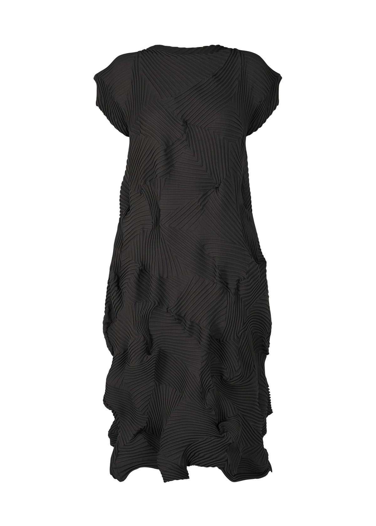 The TYPE-P 003-2 dress by A-POC ABLE ISSEY MIYAKE is a black, short-sleeved, loose-fit dress featuring textured geometric pleats for a wavy 3D look—ideal for versatile everyday wear. view 1 of 8
