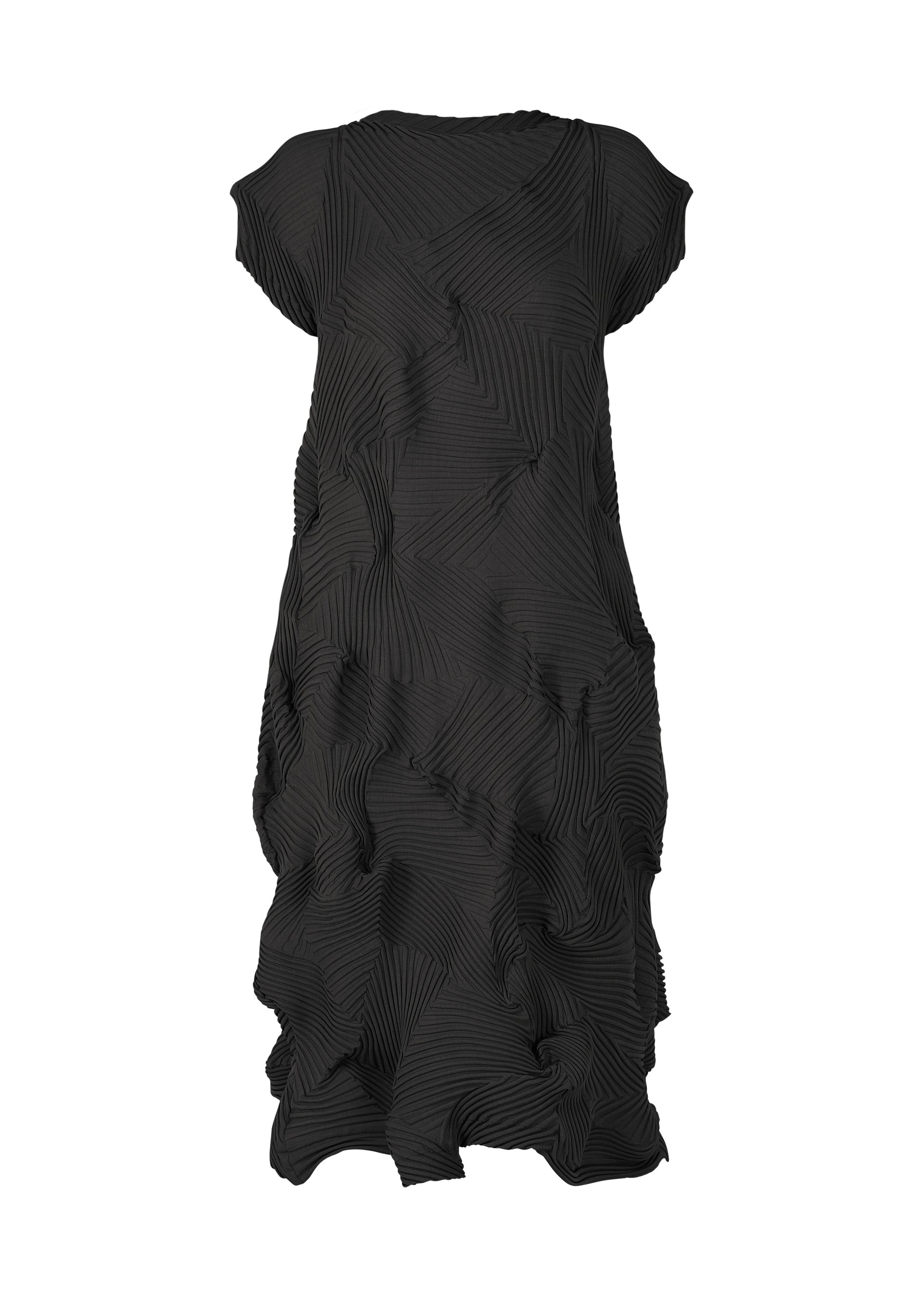 Zoomed view The TYPE-P 003-2 dress by A-POC ABLE ISSEY MIYAKE is a black, short-sleeved, loose-fit dress featuring textured geometric pleats for a wavy 3D look—ideal for versatile everyday wear. - BLACK （no.15）